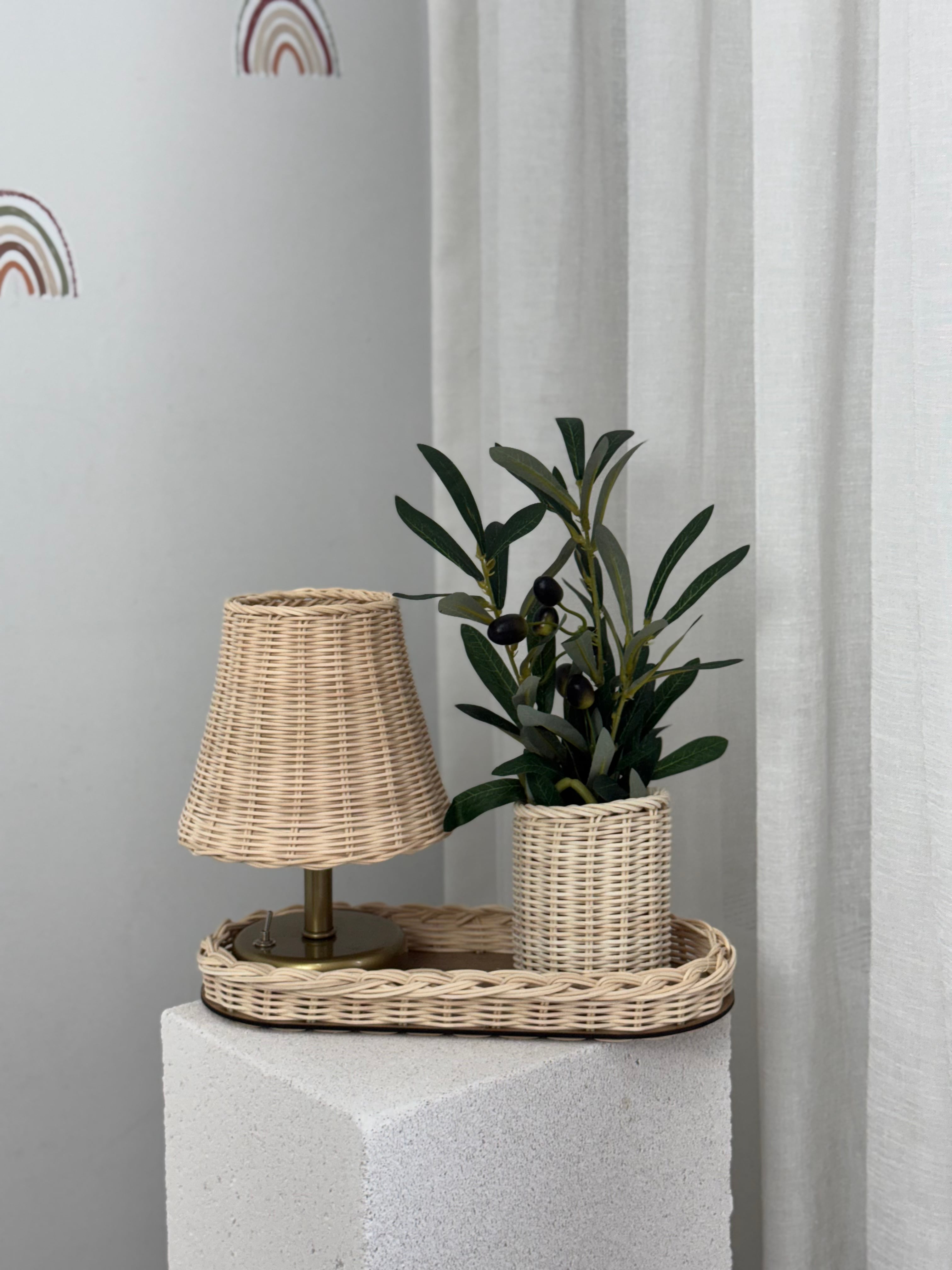 4'lü Rattan Set Kablosuz Masa Lambası - Eskitme Gold, Düzenleyici, Mini Vazo, Zeytin Dalı