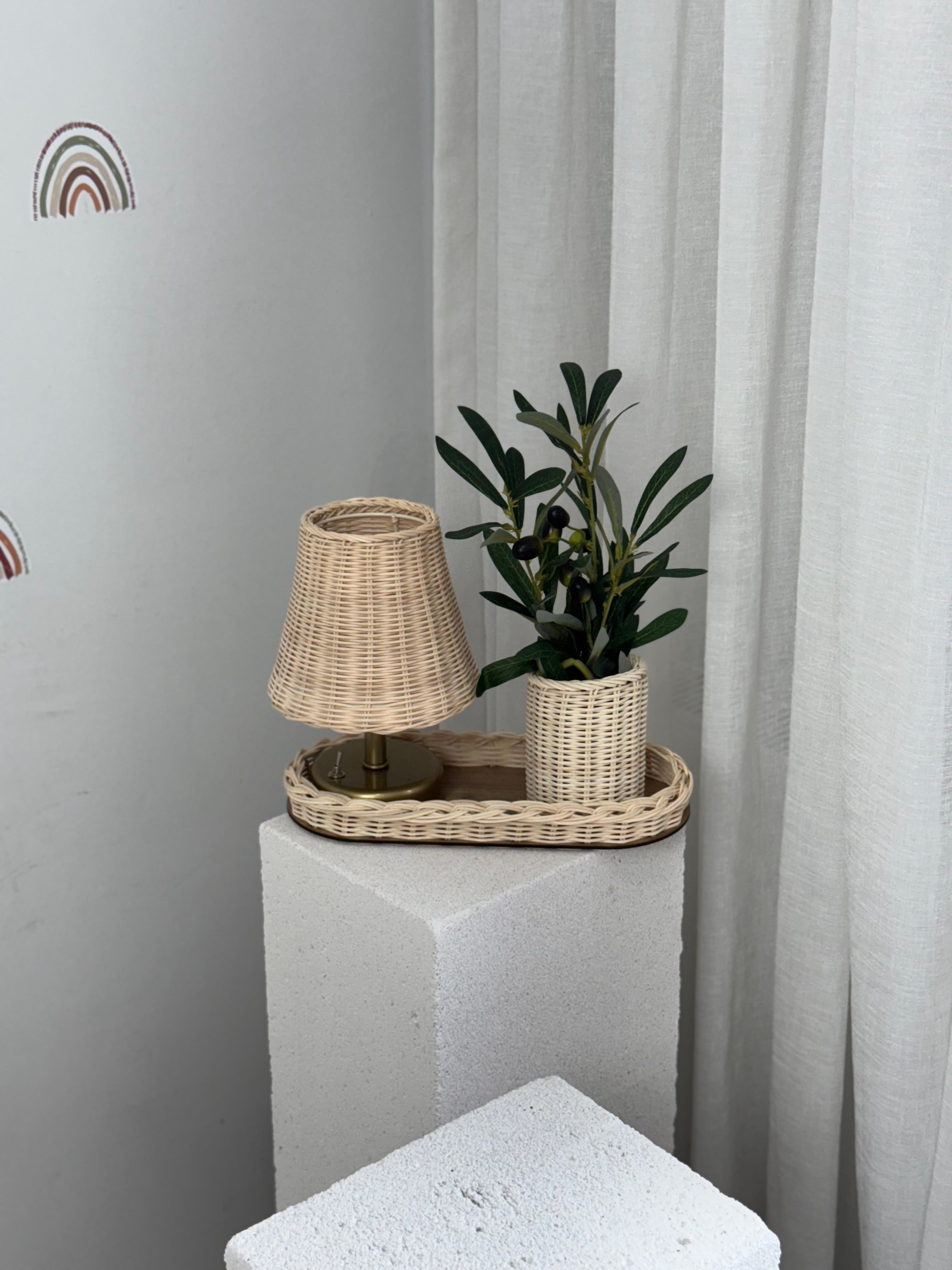 4'lü Rattan Set Kablosuz Masa Lambası - Eskitme Gold, Düzenleyici, Mini Vazo, Zeytin Dalı