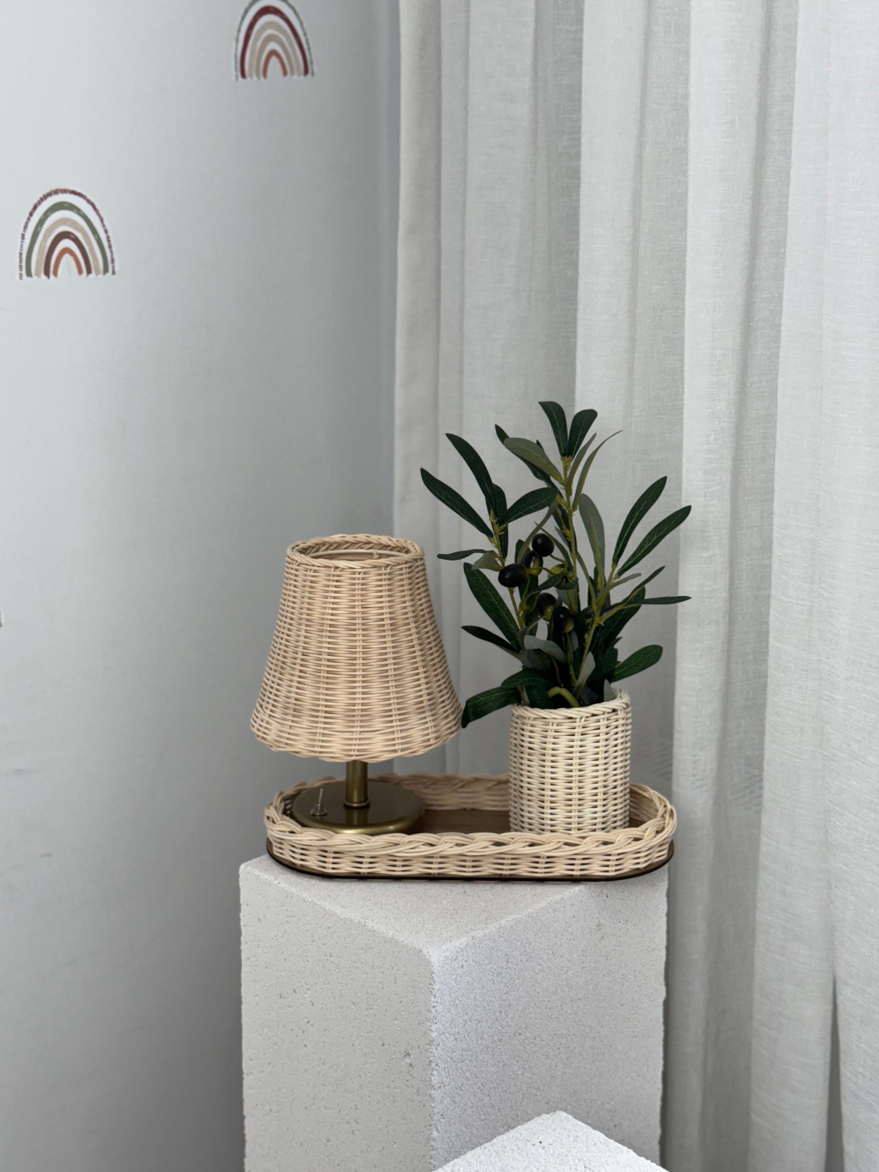 4'lü Rattan Set Kablosuz Masa Lambası - Eskitme Gold, Düzenleyici, Mini Vazo, Zeytin Dalı