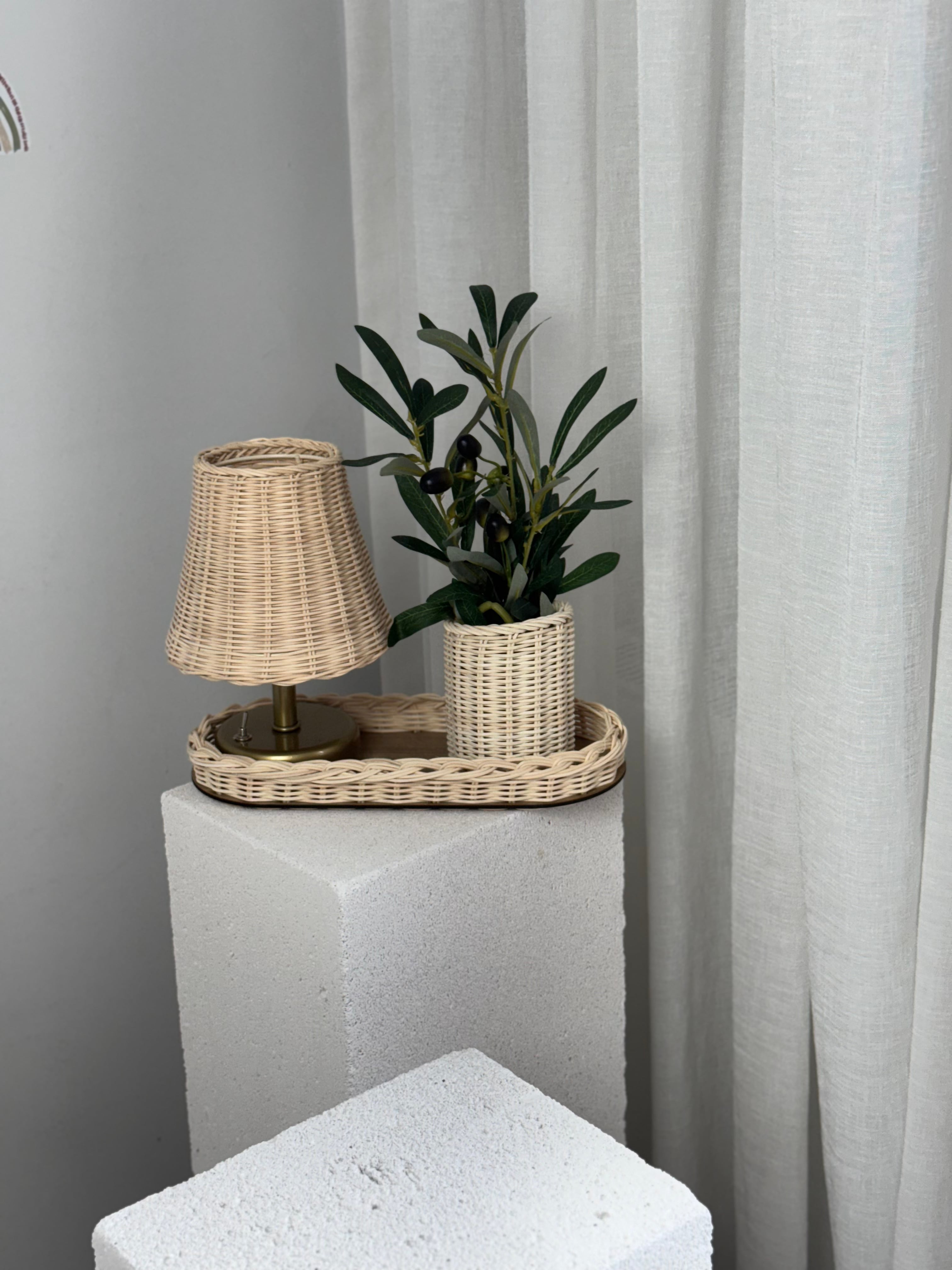 4'lü Rattan Set Kablosuz Masa Lambası - Eskitme Gold, Düzenleyici, Mini Vazo, Zeytin Dalı