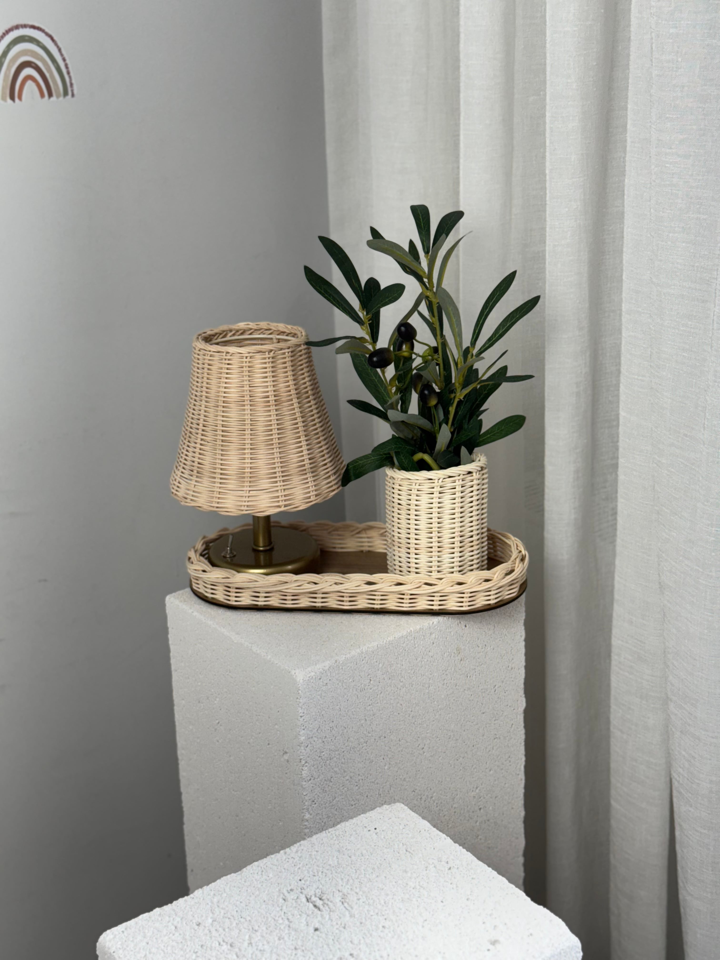 4'lü Rattan Set Kablosuz Masa Lambası - Eskitme Gold, Düzenleyici, Mini Vazo, Zeytin Dalı