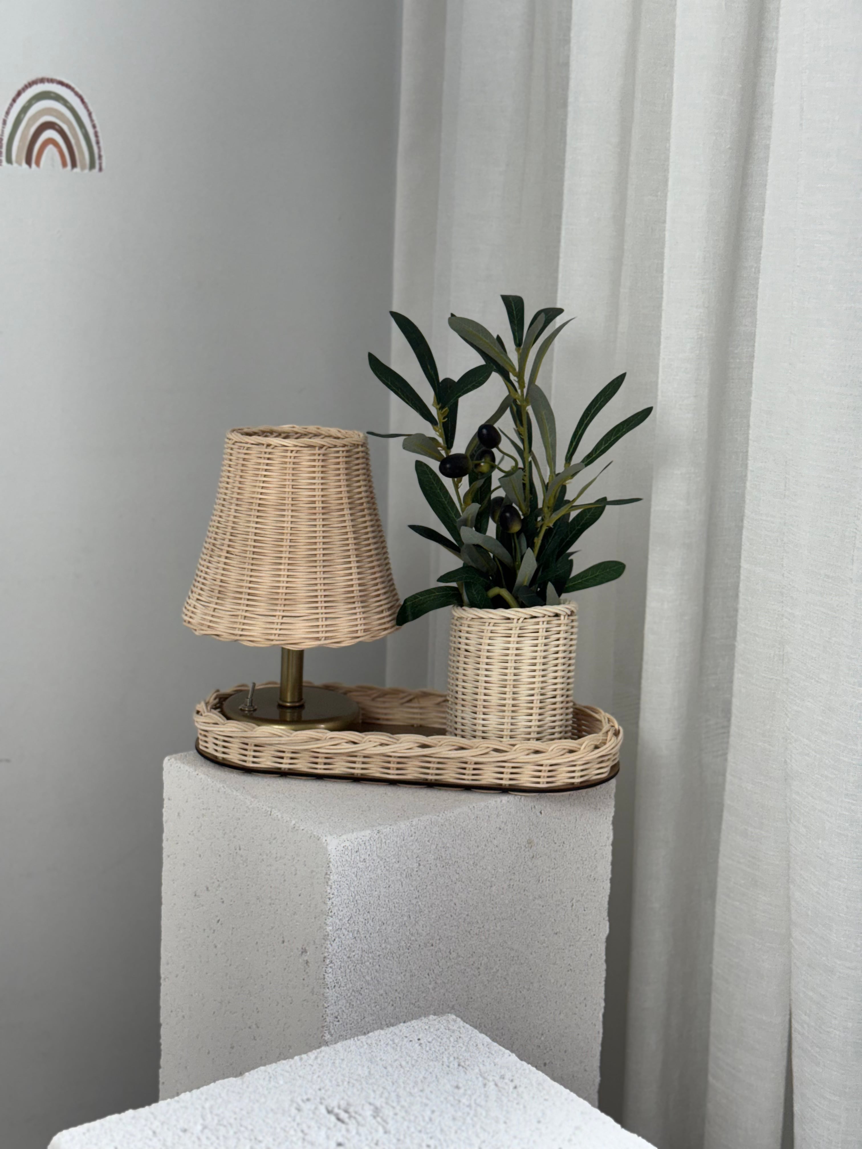 4'lü Rattan Set Kablosuz Masa Lambası - Eskitme Gold, Düzenleyici, Mini Vazo, Zeytin Dalı