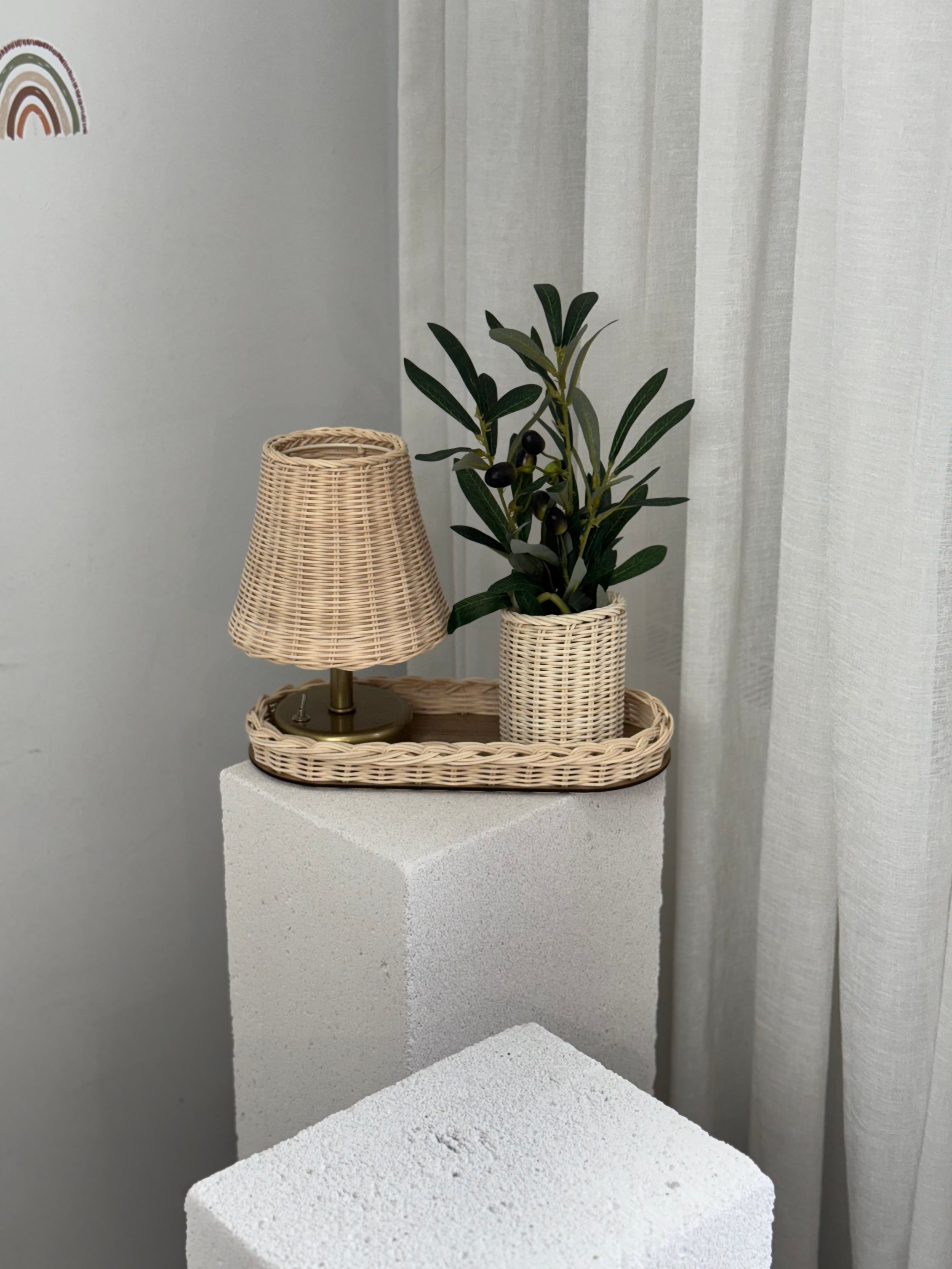 4'lü Rattan Set Kablosuz Masa Lambası - Eskitme Gold, Düzenleyici, Mini Vazo, Zeytin Dalı