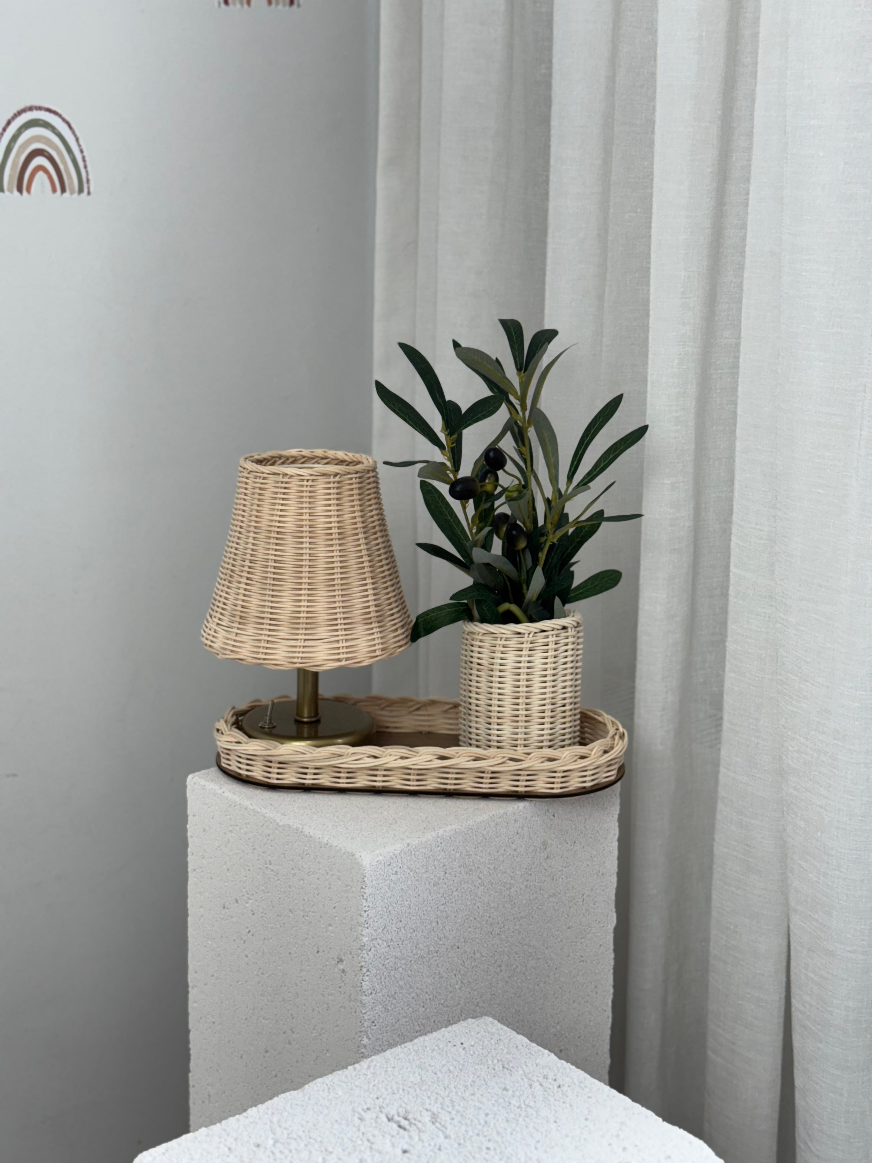 4'lü Rattan Set Kablosuz Masa Lambası - Eskitme Gold, Düzenleyici, Mini Vazo, Zeytin Dalı