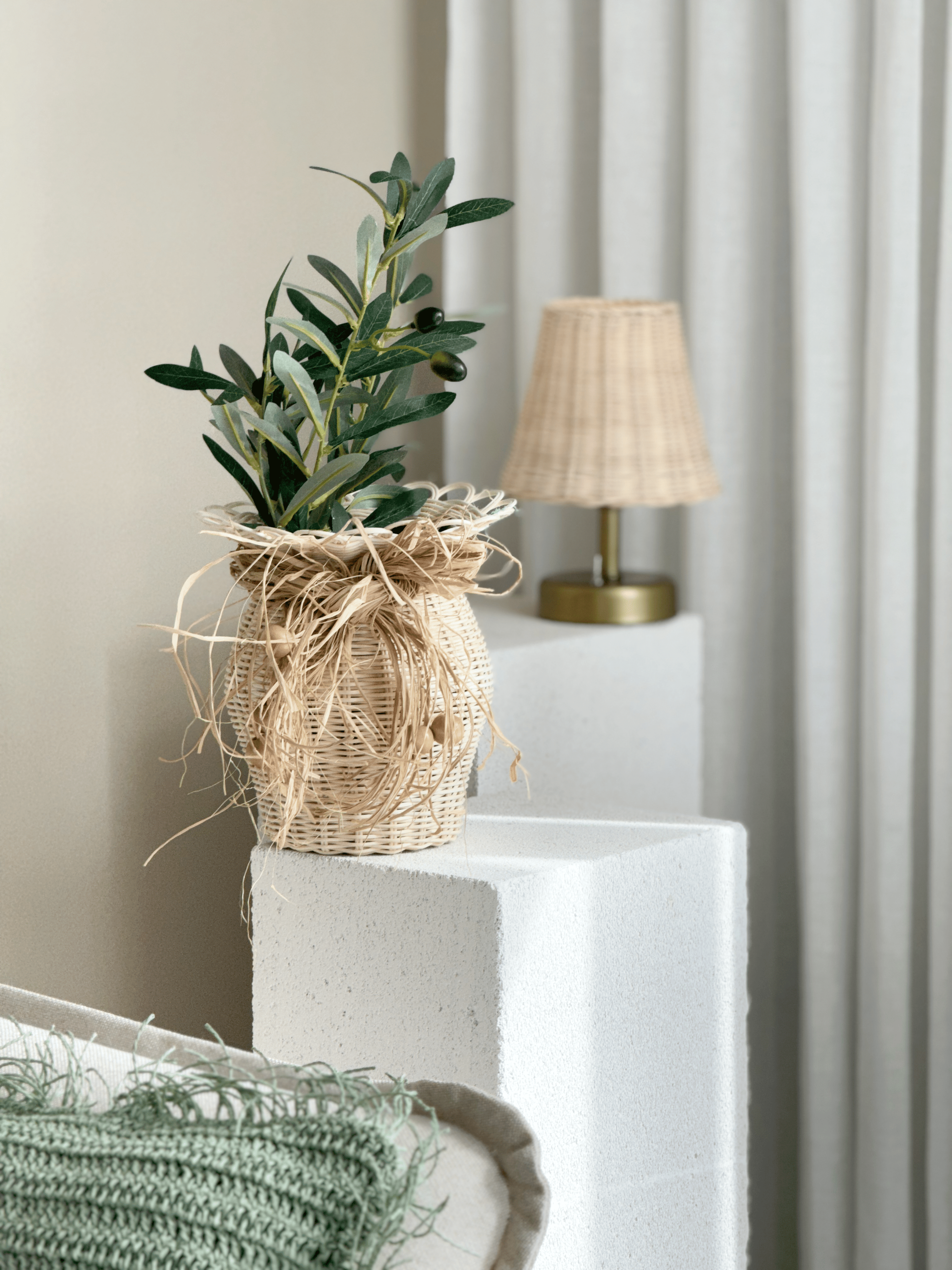 2'li Rattan El Yapımı Vazo & Zeytin Dalı Set (ÇİÇEK DAHİLDİR)
