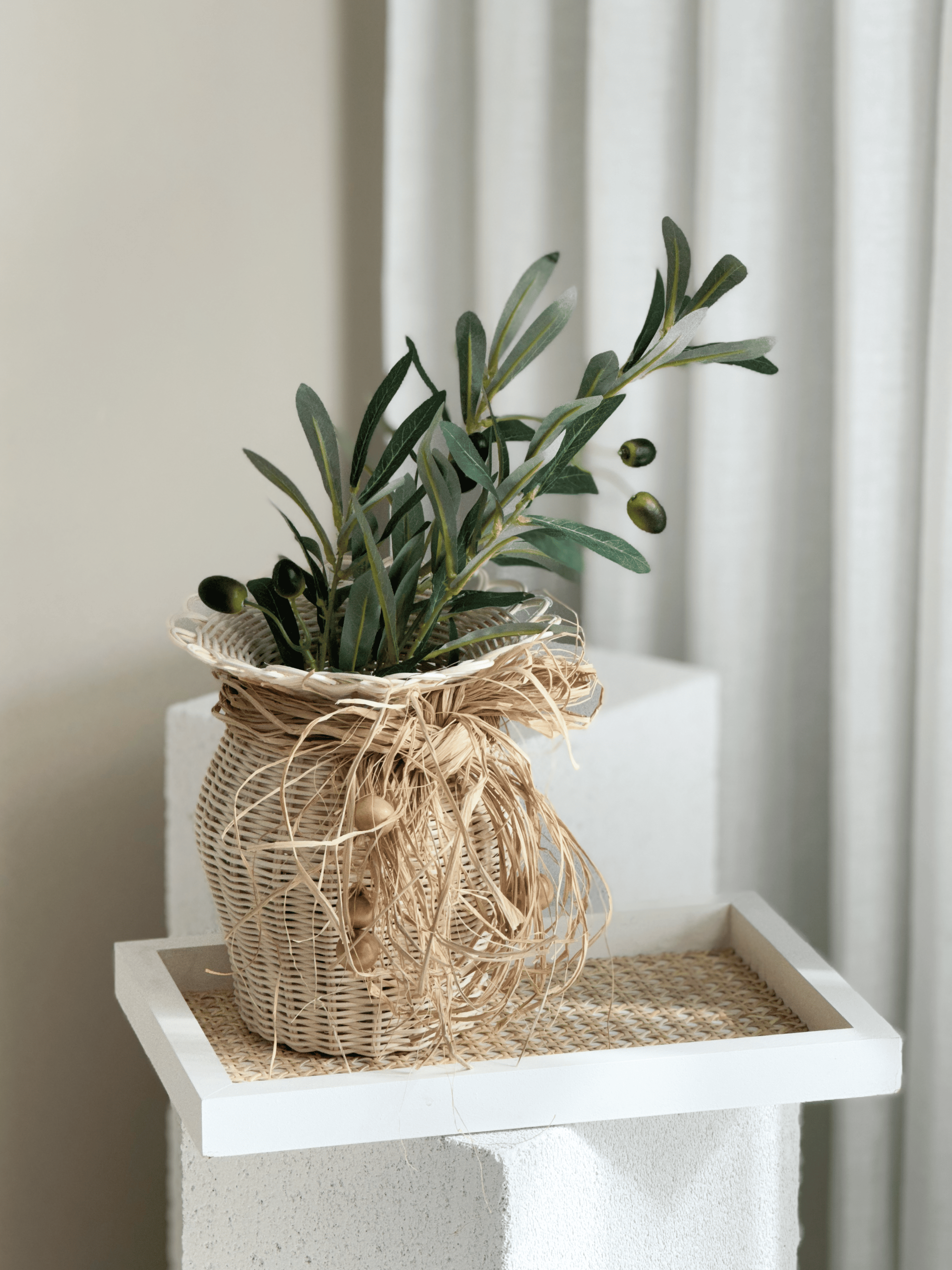 2'li Rattan El Yapımı Vazo & Zeytin Dalı Set (ÇİÇEK DAHİLDİR)