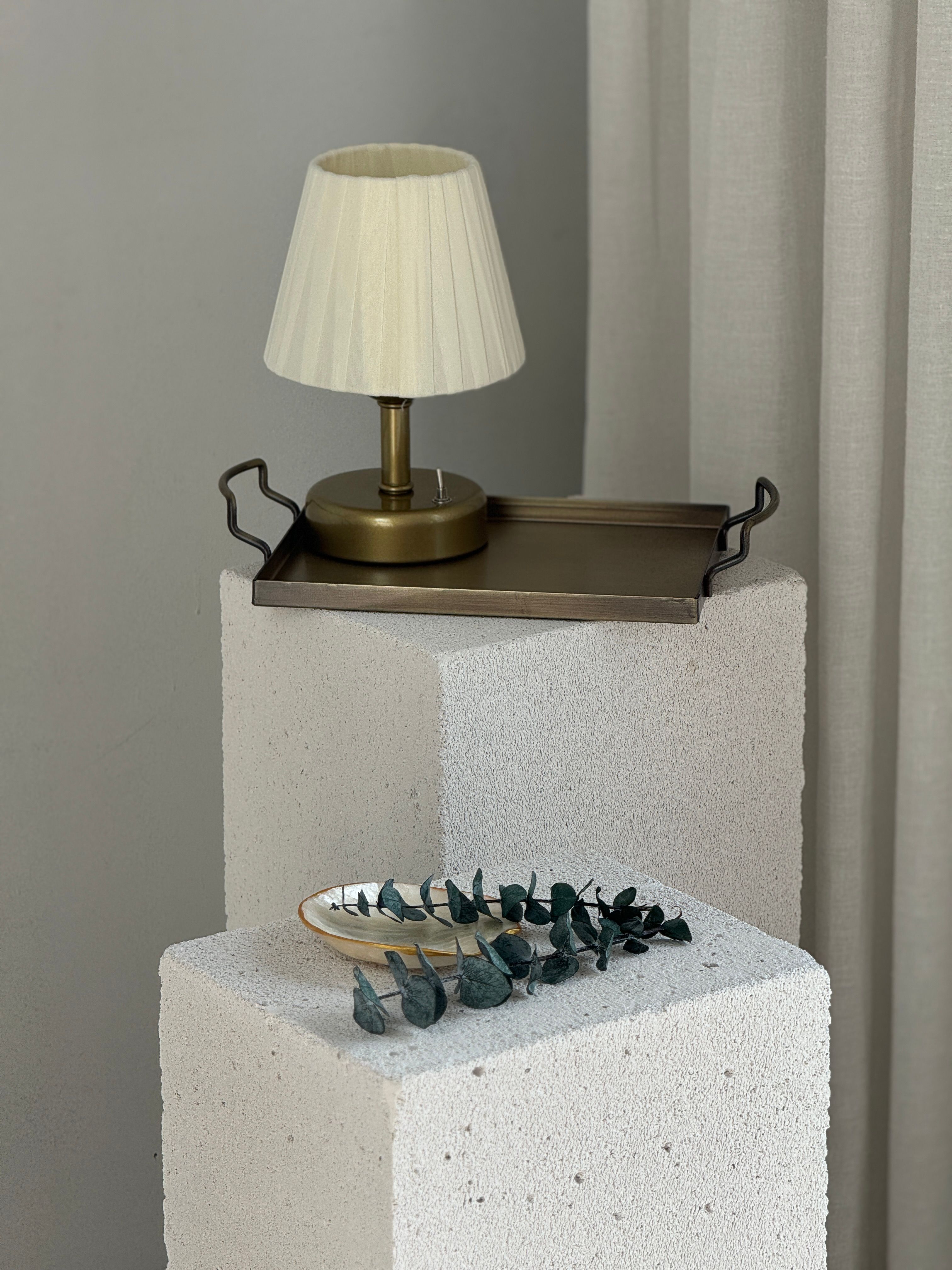 2'li Set Osmanlı İpeği Kablosuz Masa Lambası Alt Eskitme Gold & Galvaniz Tepsi 