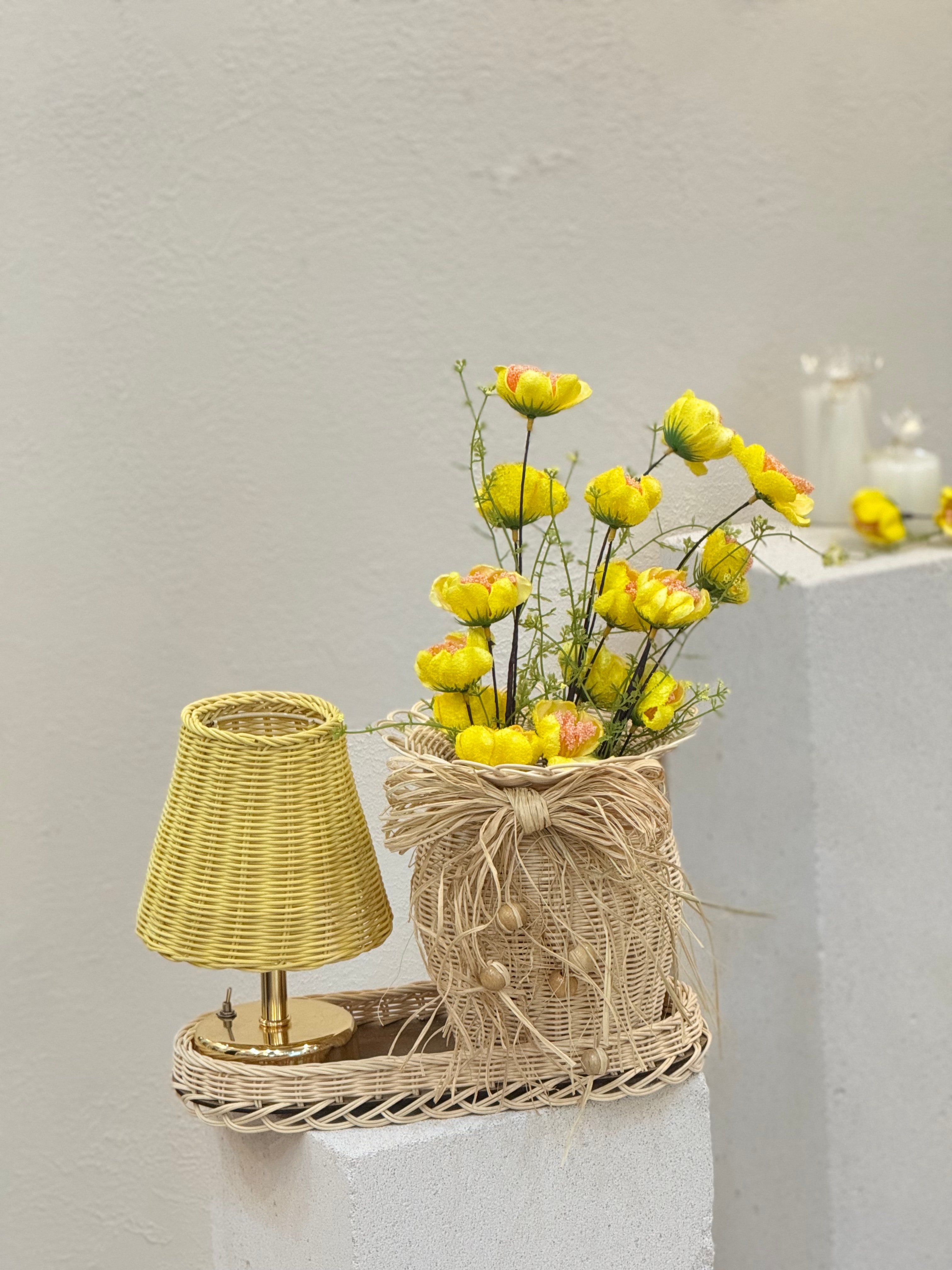 4'lü Rattan Gelincik Vazo Set - Yellow