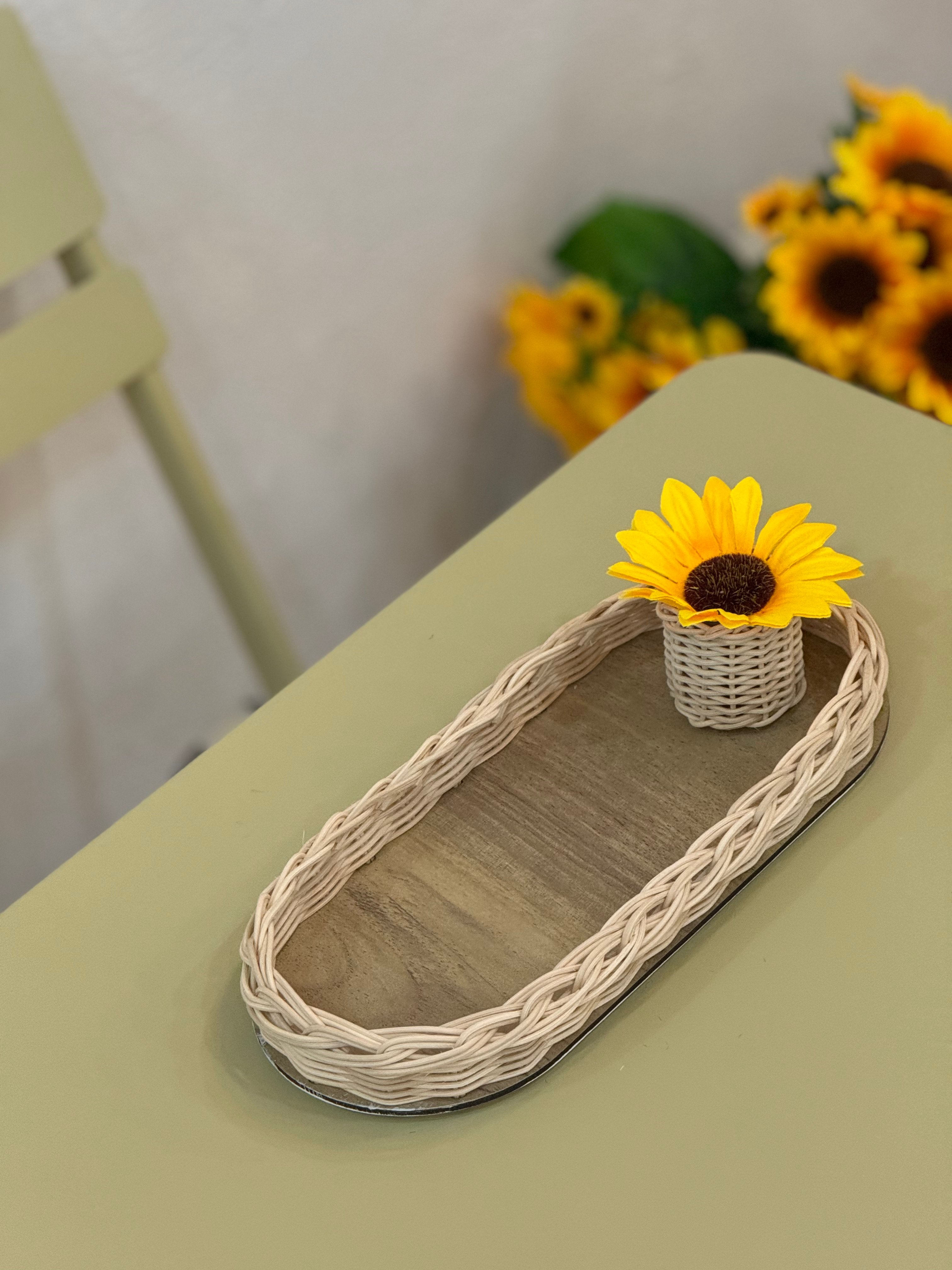 2'li Rattan Düzenleyici Tepsi & Ayçiçeği Sunflower Sunum Seti Kahve Sunumluğu (ÇİÇEK DAHİLDİR)