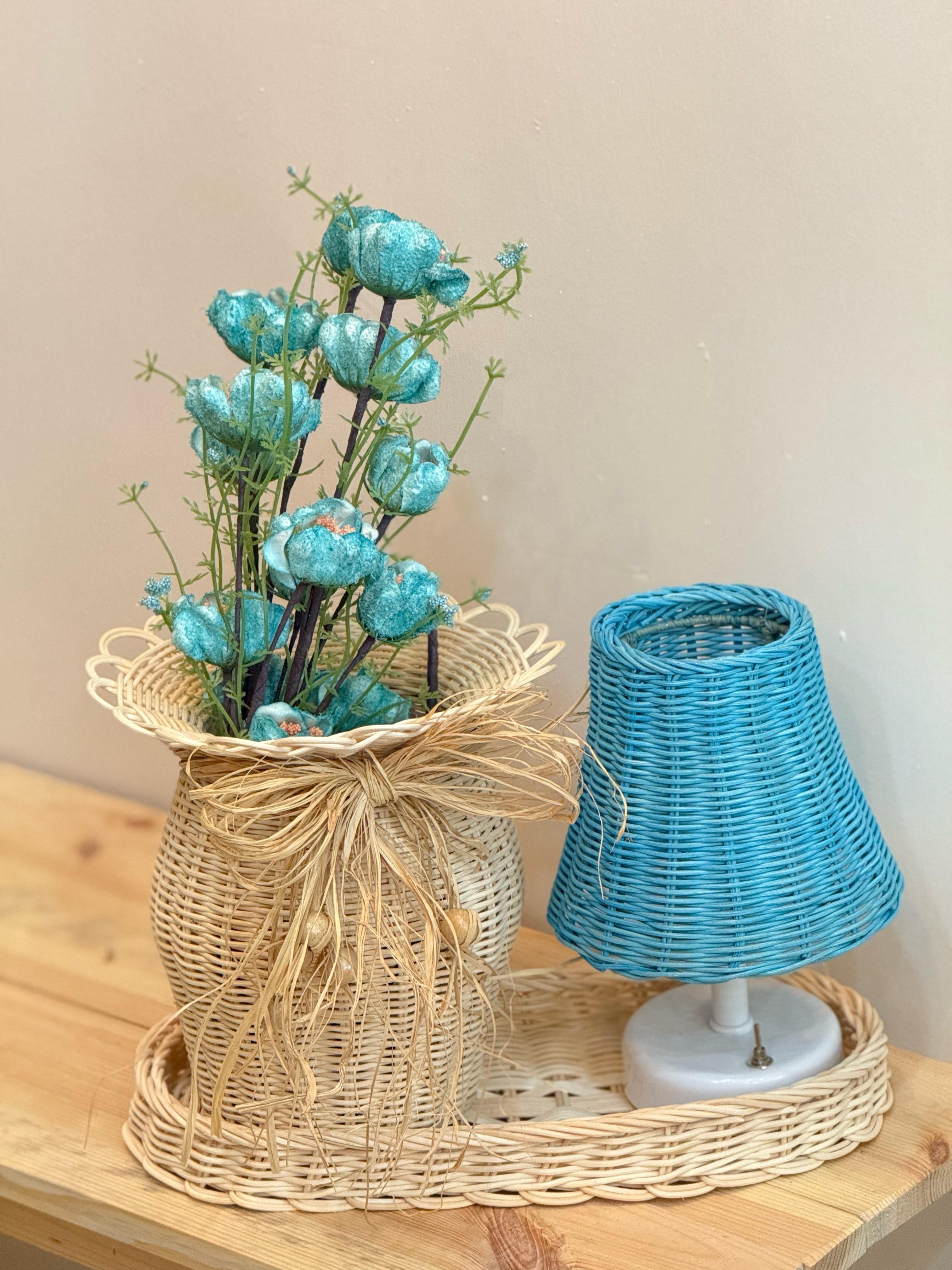 4'lü Rattan Mavi Gelincik Vazo Set