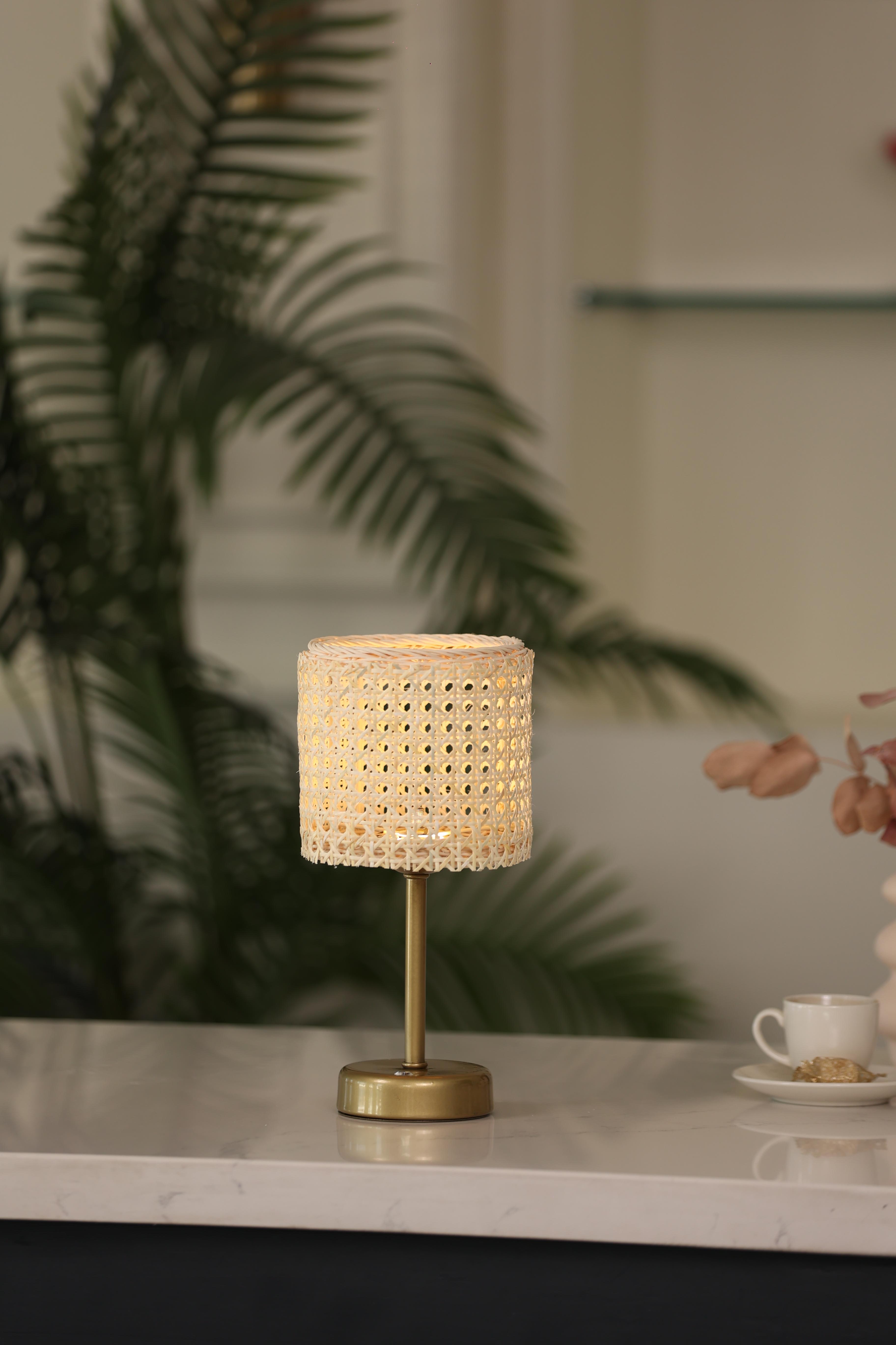 Hazeran & Rattan Masa Üstü Kablosuz Şarjlı Masa Lambası - Alt Uzun Eskitme Gold