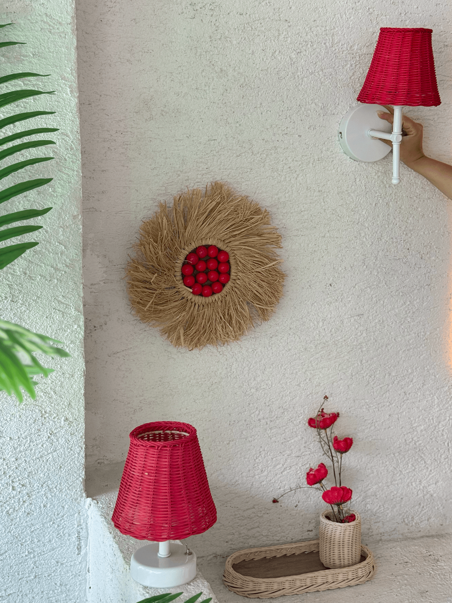 Red Rattan & Bamboo Tabletop Wireless Battery Table Lamp