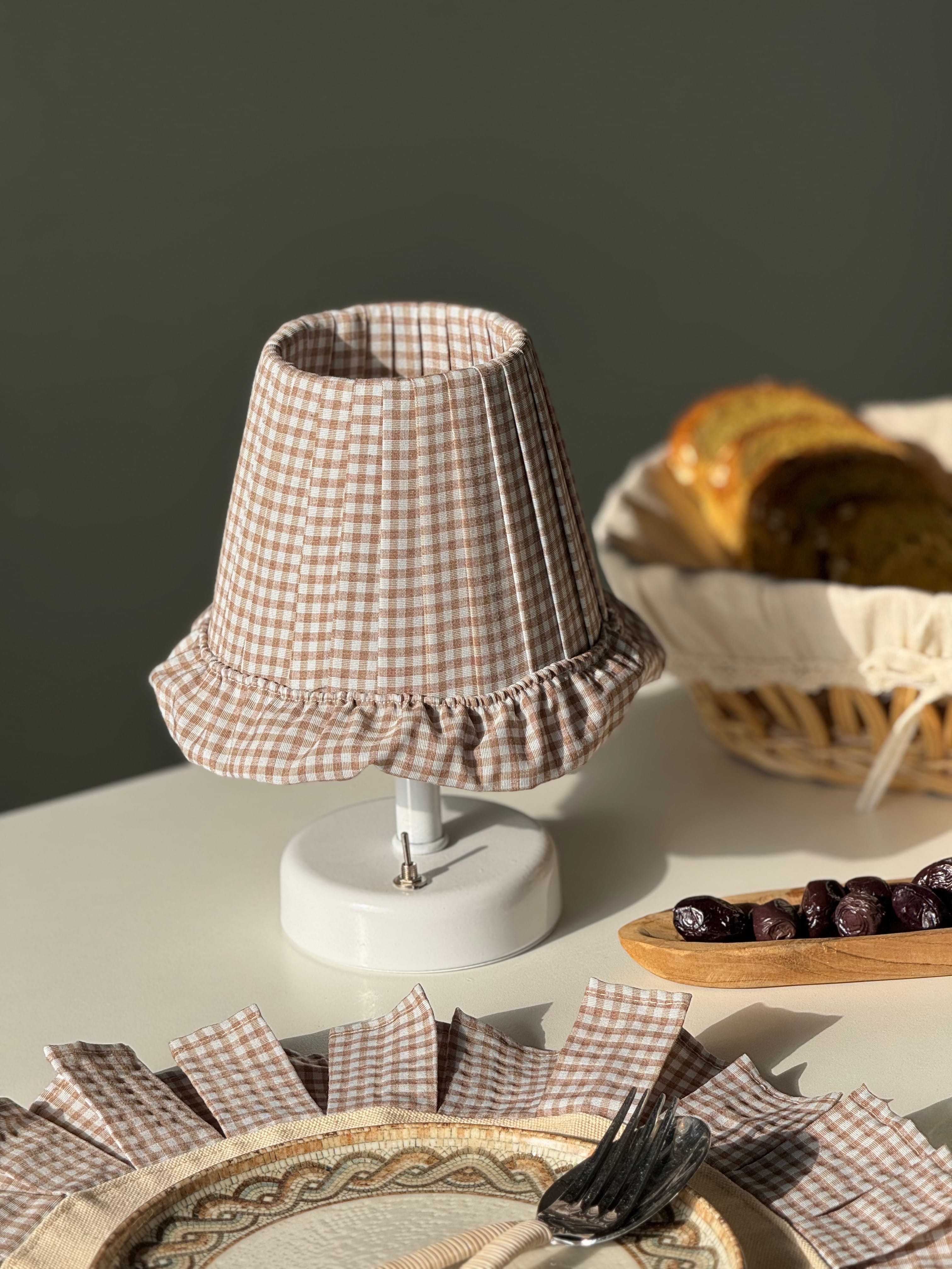 Brown Checkered Fabric Wireless Night Table Lamp with White Base
