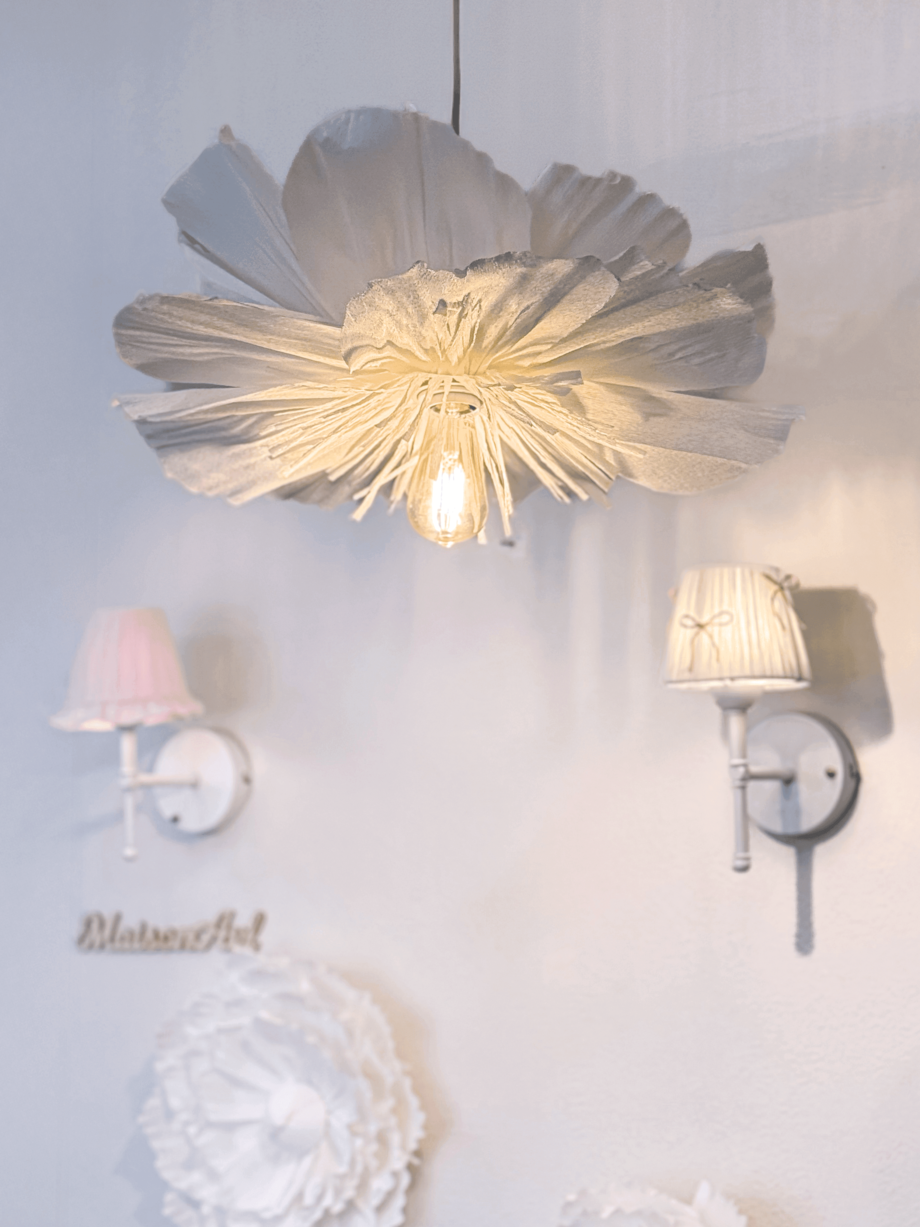 Italian Crepe Paper White Flora Handmade Pendant Chandelier