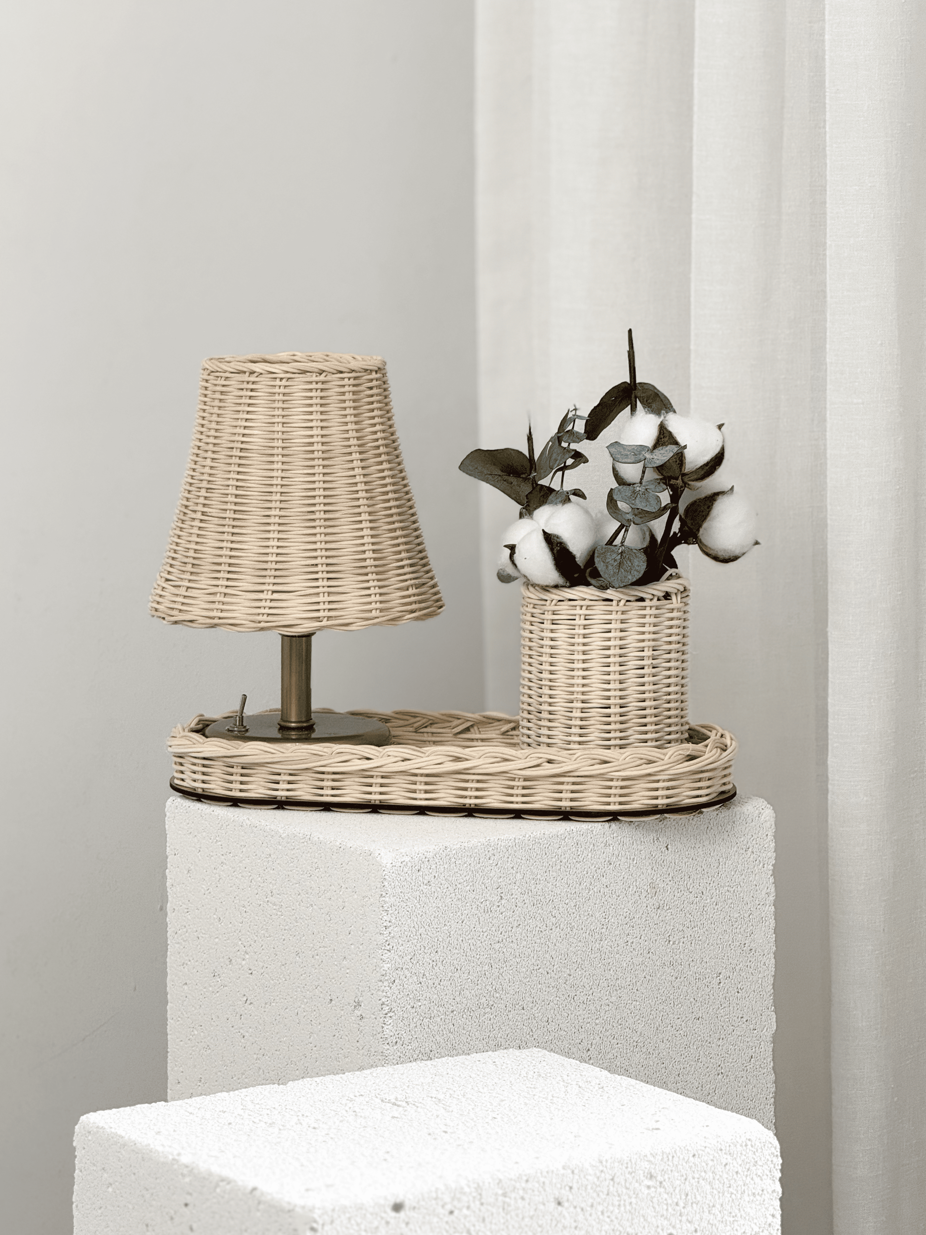 4'lü Rattan Set Kablosuz Masa Lambası - Eskitme Gold, Düzenleyici, Mini Vazo, Pamuk