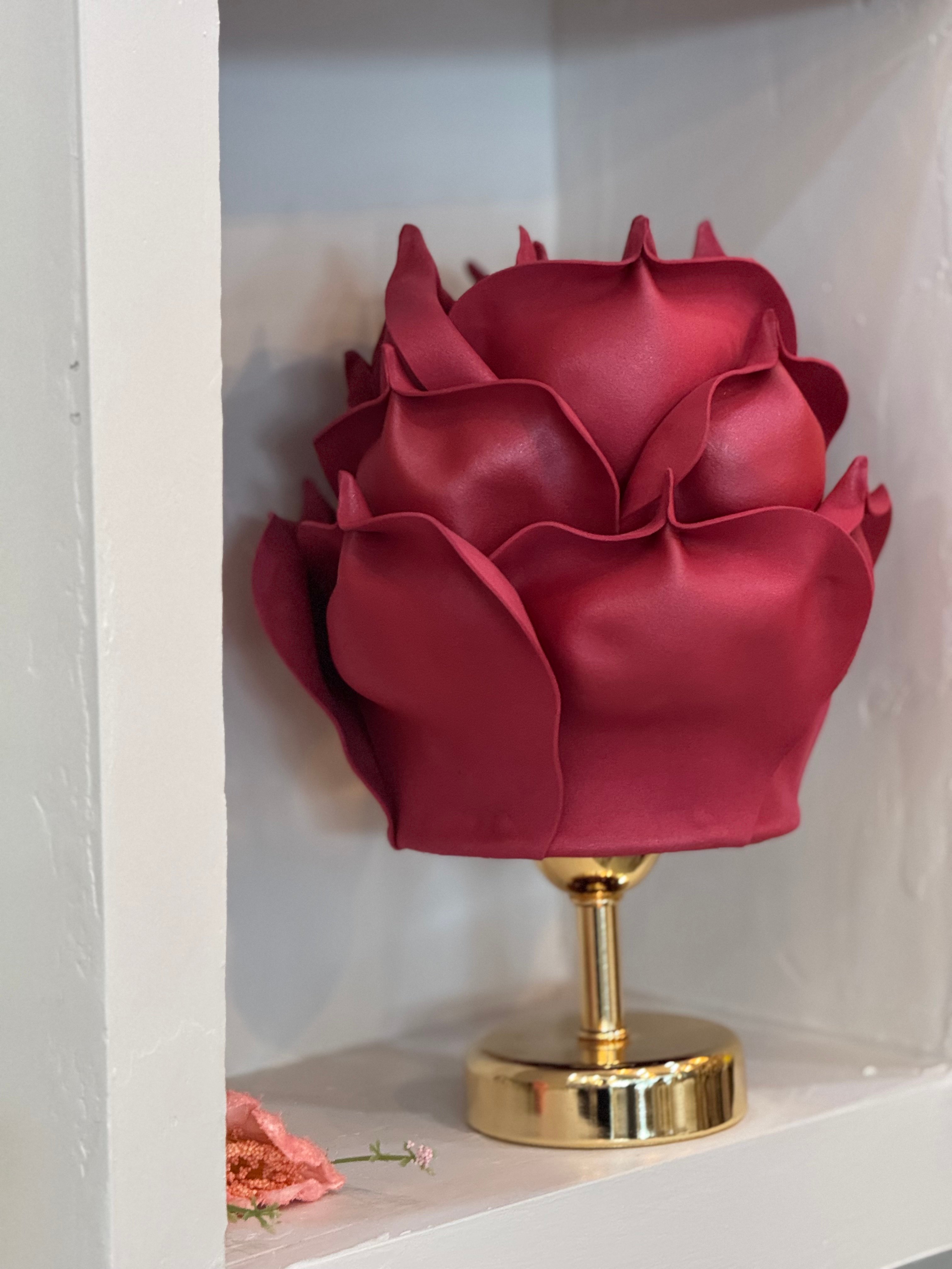 Bordo Eva Gül Tasarım Kablosuz Masa Lambası - Alt Parlak Gold