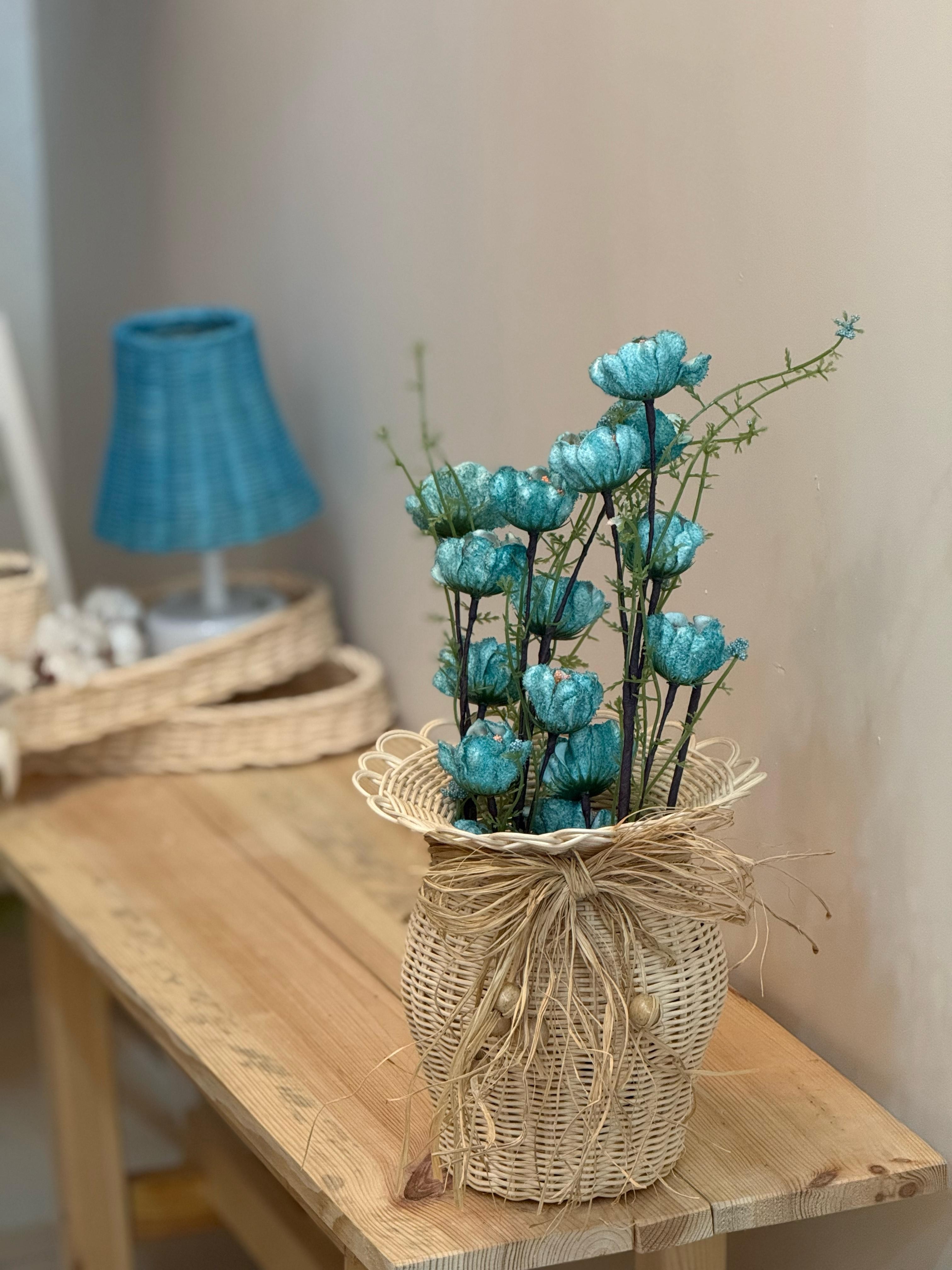  2'li Set Rattan El Yapımı Vazo & Mavi Gelincik