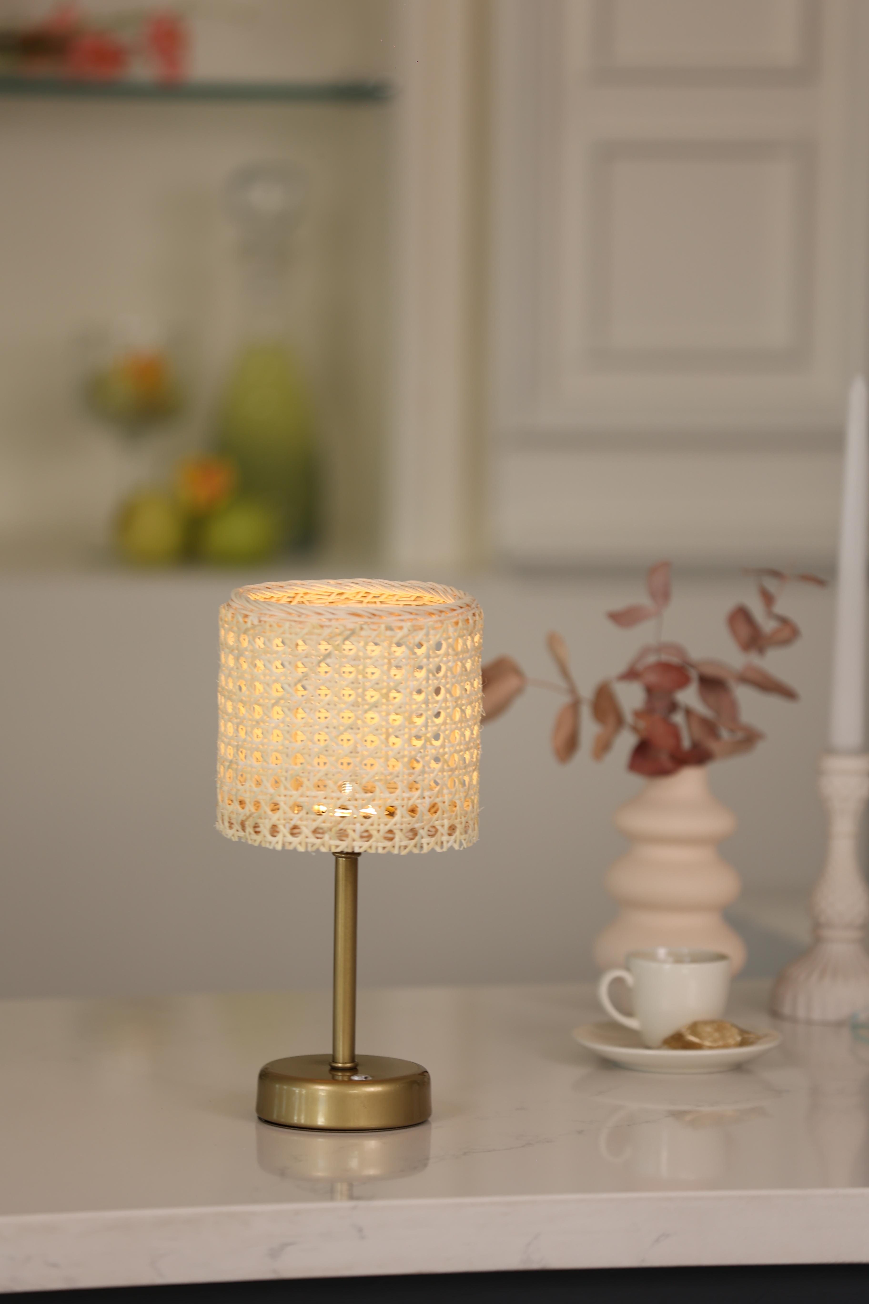 Hazeran & Rattan Masa Üstü Kablosuz Şarjlı Masa Lambası - Alt Uzun Eskitme Gold