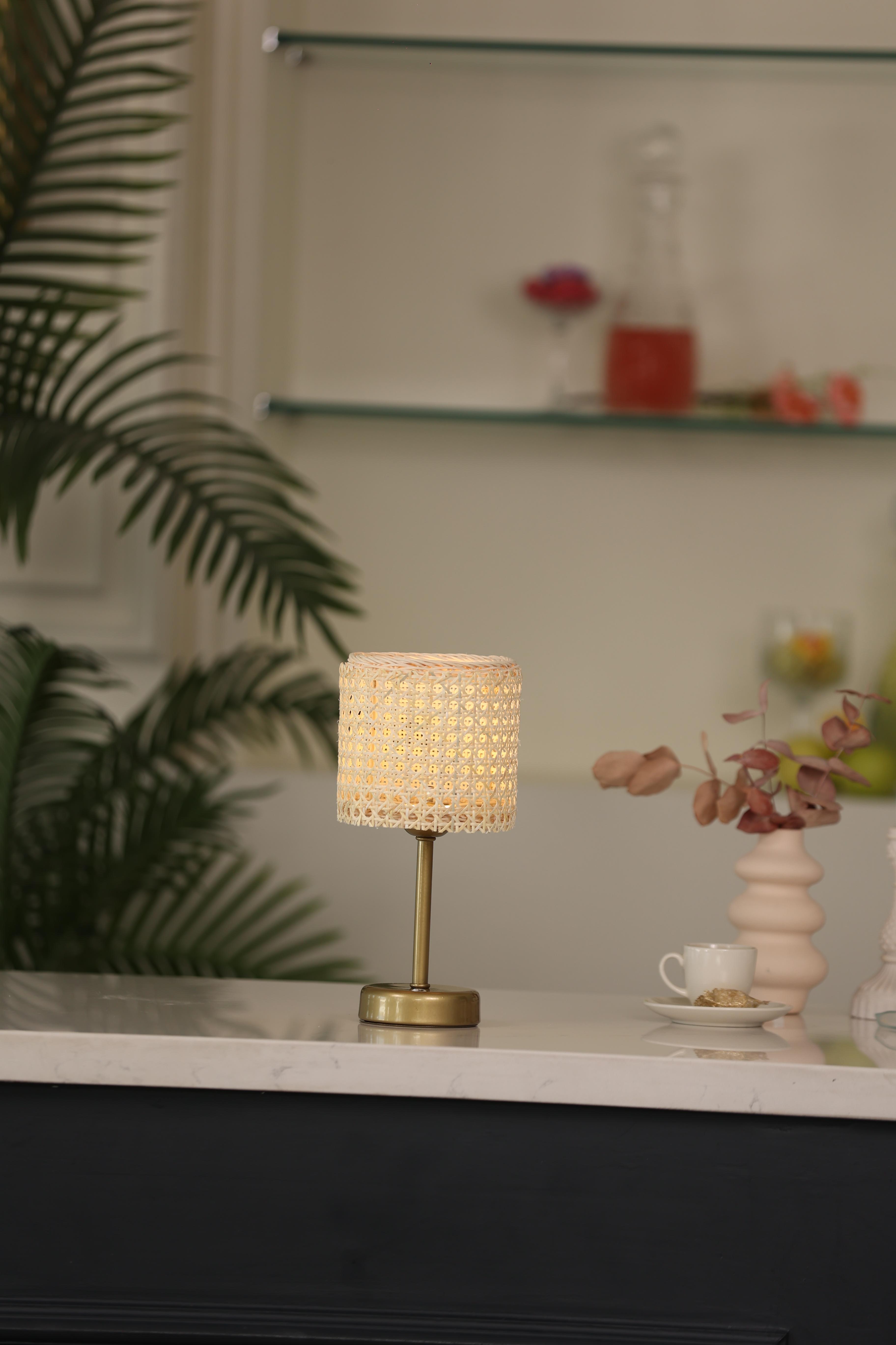 Hazeran & Rattan Masa Üstü Kablosuz Şarjlı Masa Lambası - Alt Uzun Eskitme Gold