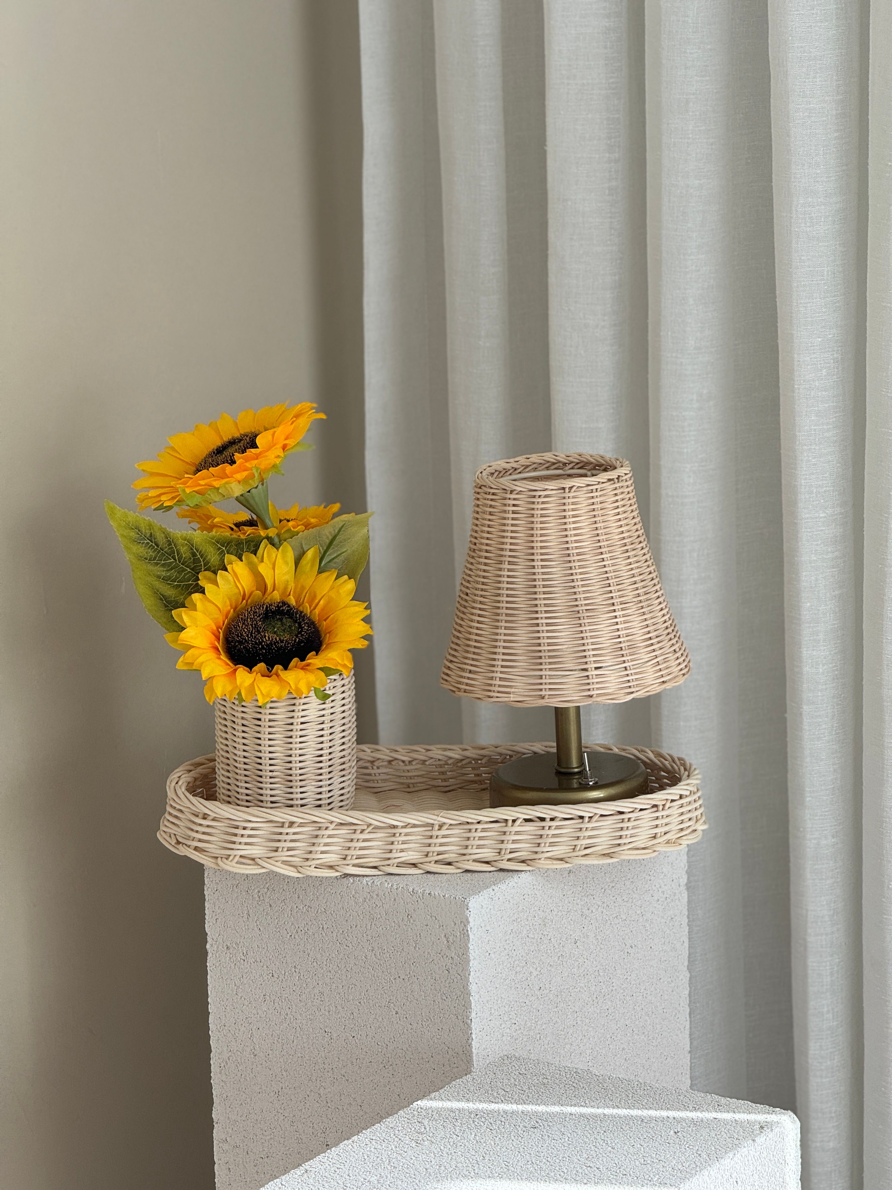 4'lü Rattan Masa Lambası - Alt Eskitme Gold & Düzenleyici & Vazo & Ayçiçeği 