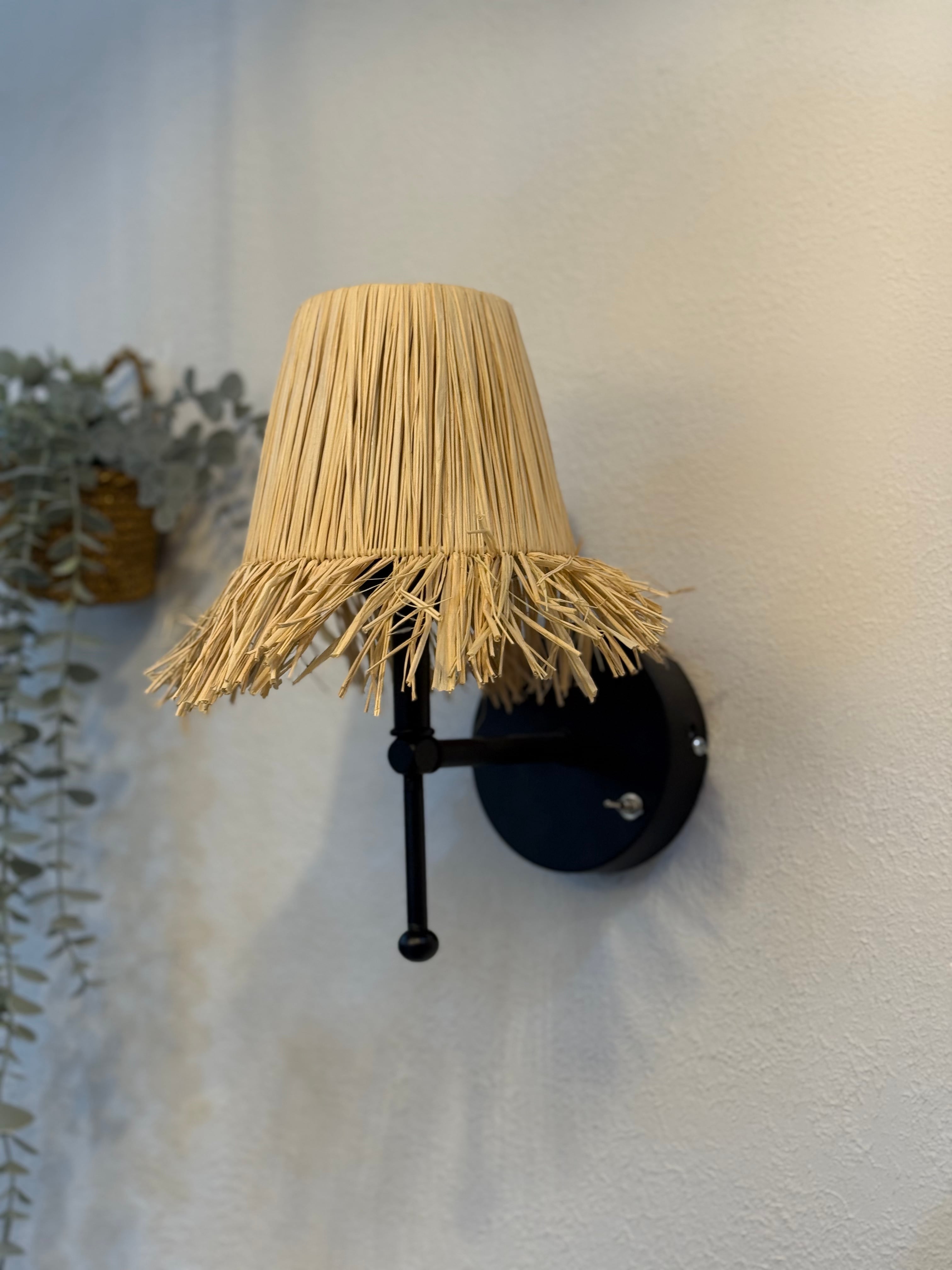 Bohemian Wicker Raffia Fringed Handmade Tumbled Gold Led Sconce