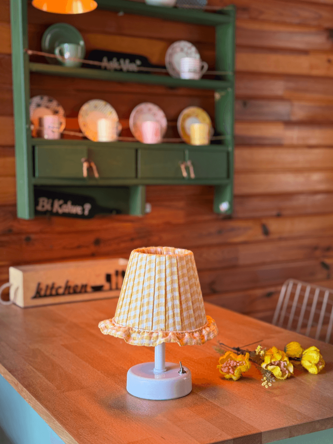 Yellow Checkered Fabric White Base Wireless Night Table Lamp