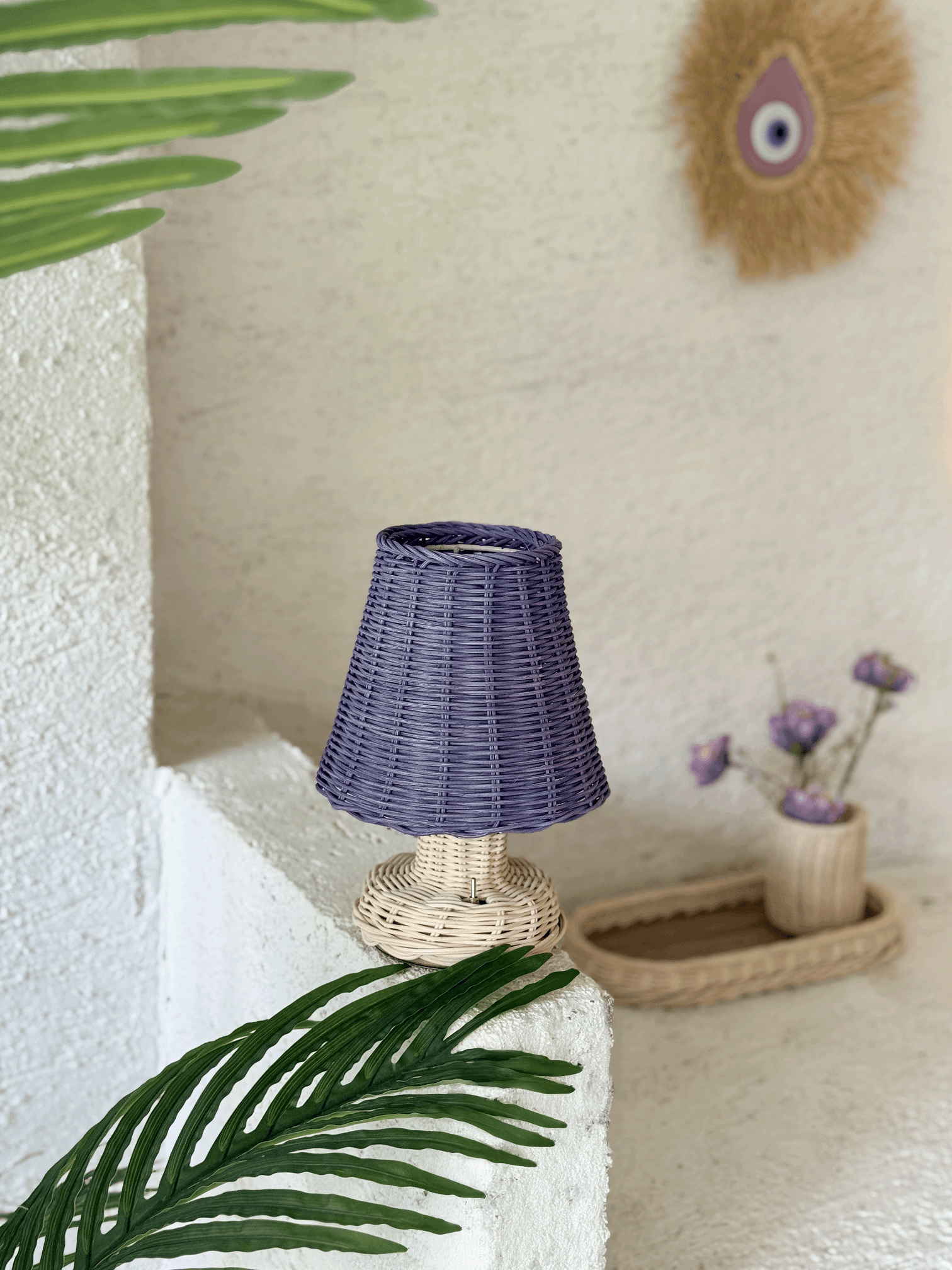 Mor Rattan & Bambu Masa Üstü Kablosuz Pilli Abajur Alt Rattan Masa Lambası