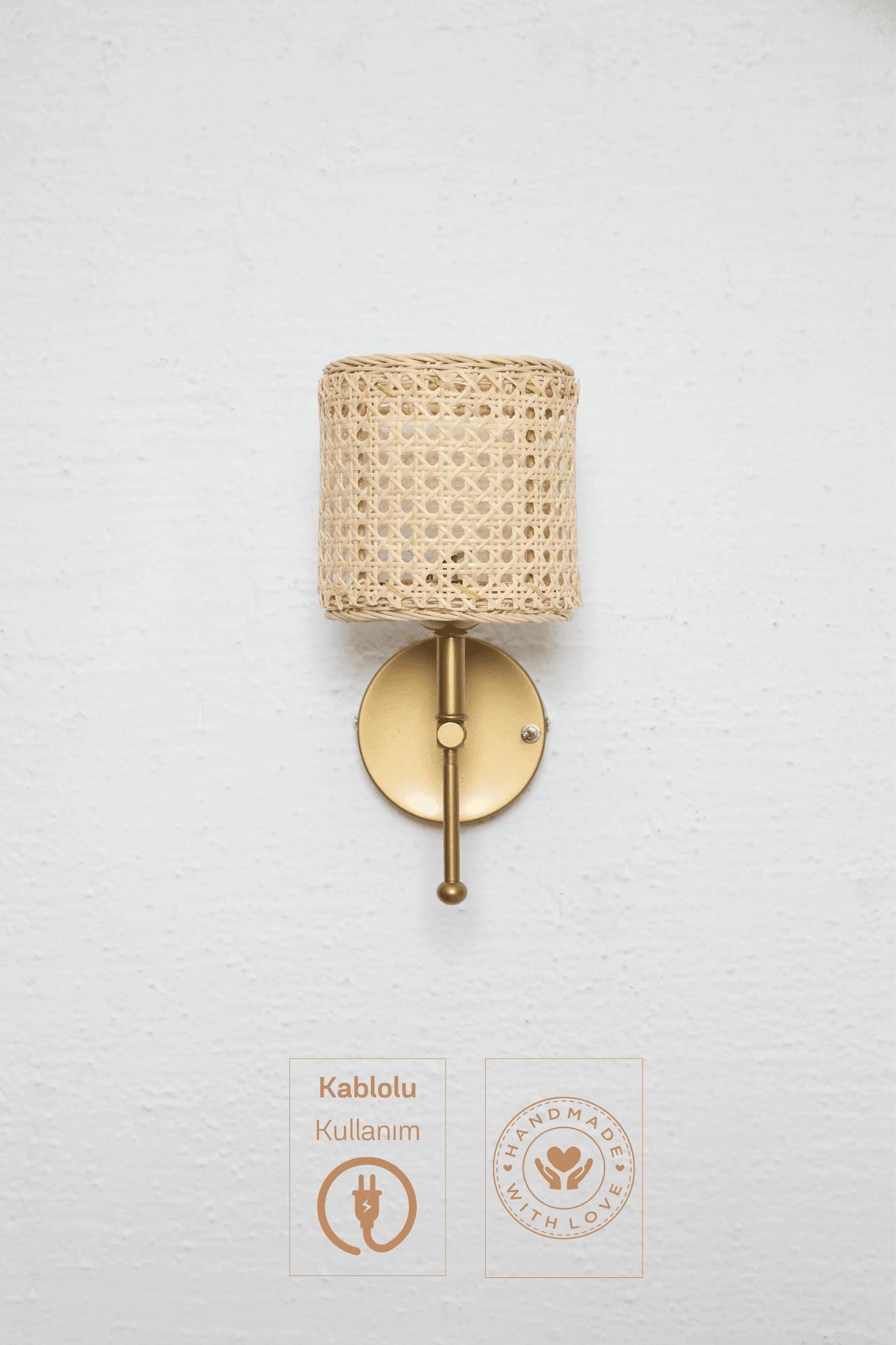 Hazeran & Rattan Yukarı Kablolu Duvar Aydınlatması Aplik - Alt Eskitme Gold