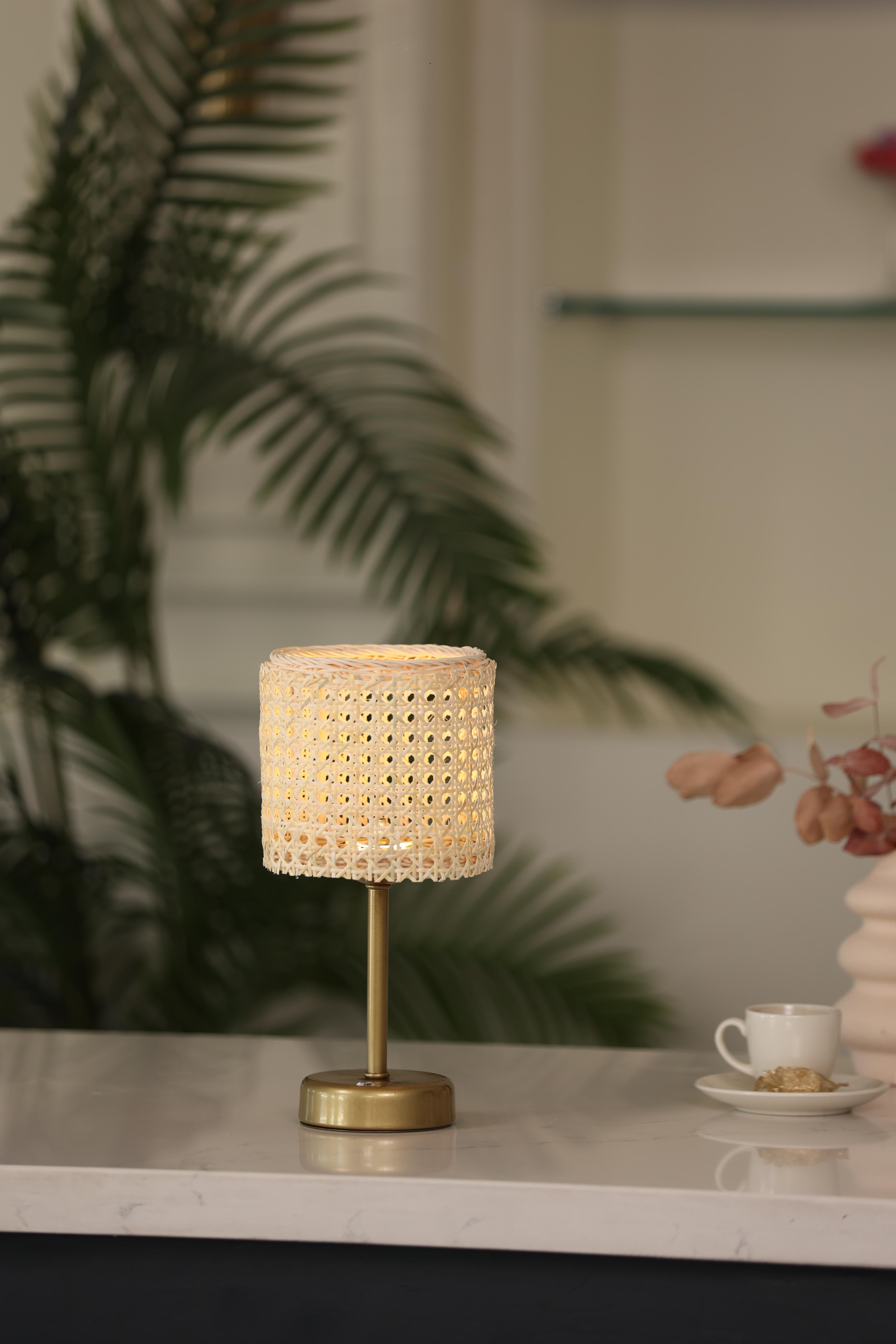 Hazeran & Rattan Masa Üstü Kablosuz Şarjlı Masa Lambası - Alt Uzun Eskitme Gold