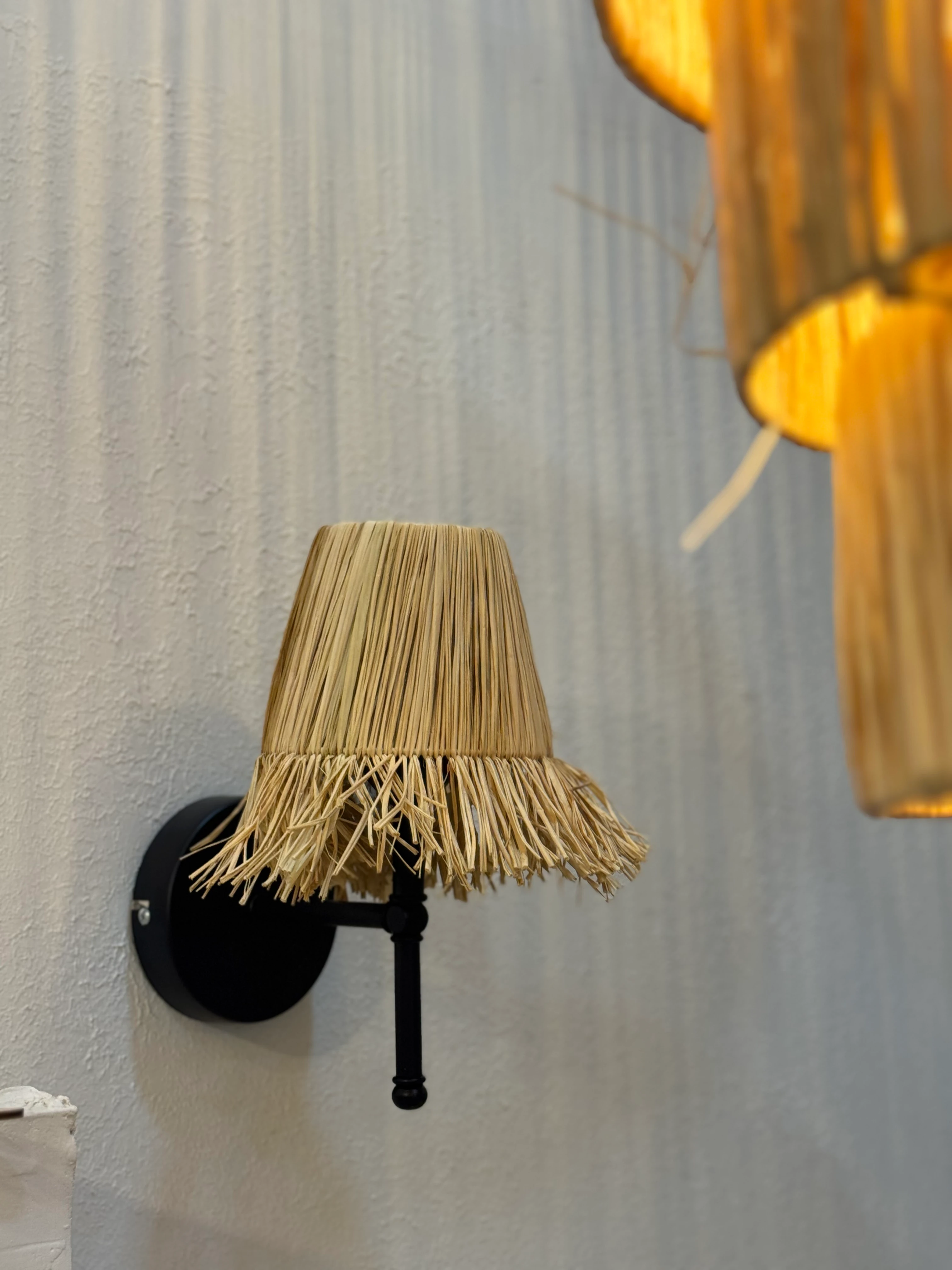 Rafya Saçaklı Bohem Hasır Kablolu Duvar Aydınlatması Aplik - Alt Siyah