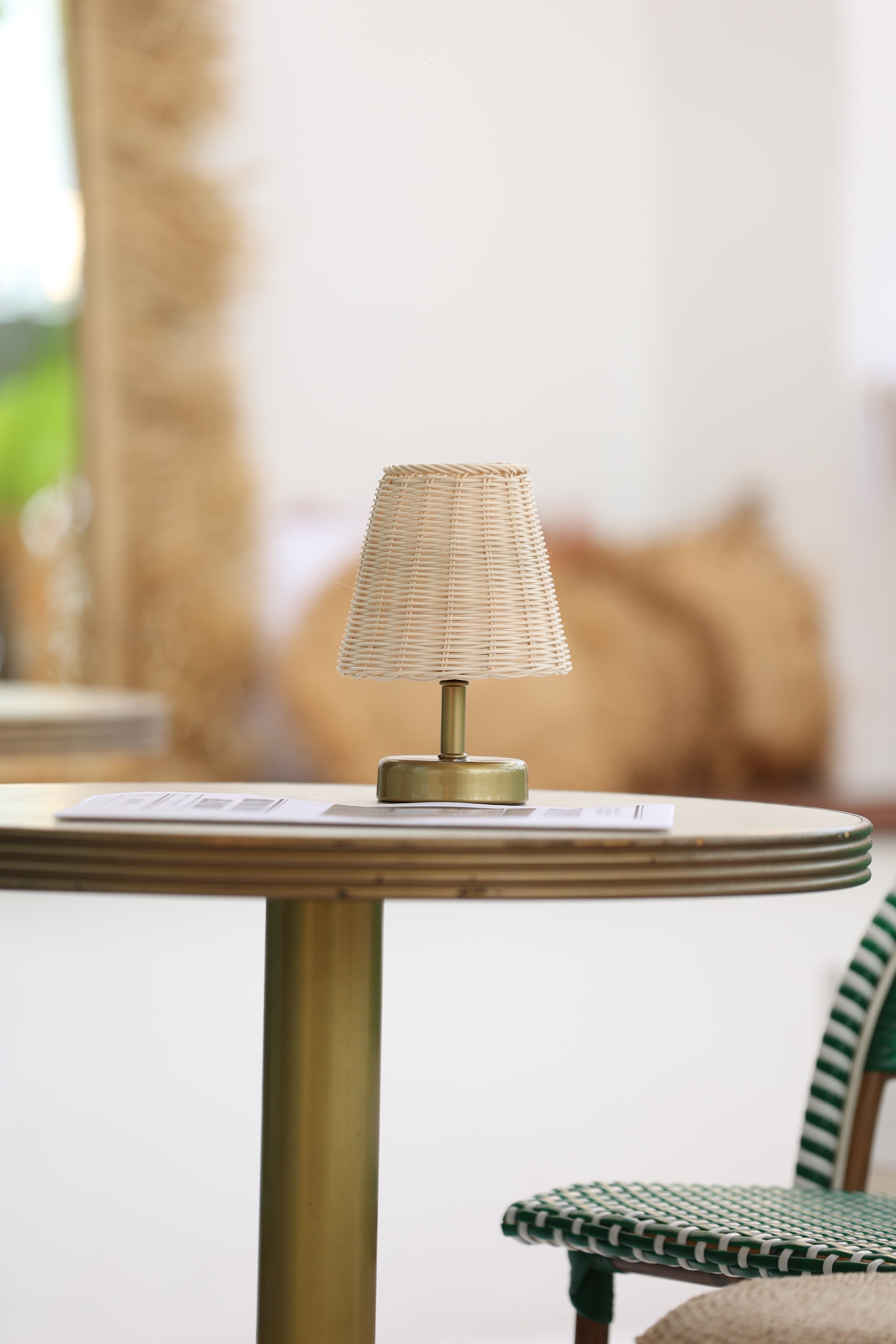 Rattan & Bambu Kablosuz Şarjlı Masa Lambası - Alt Eskitme Gold