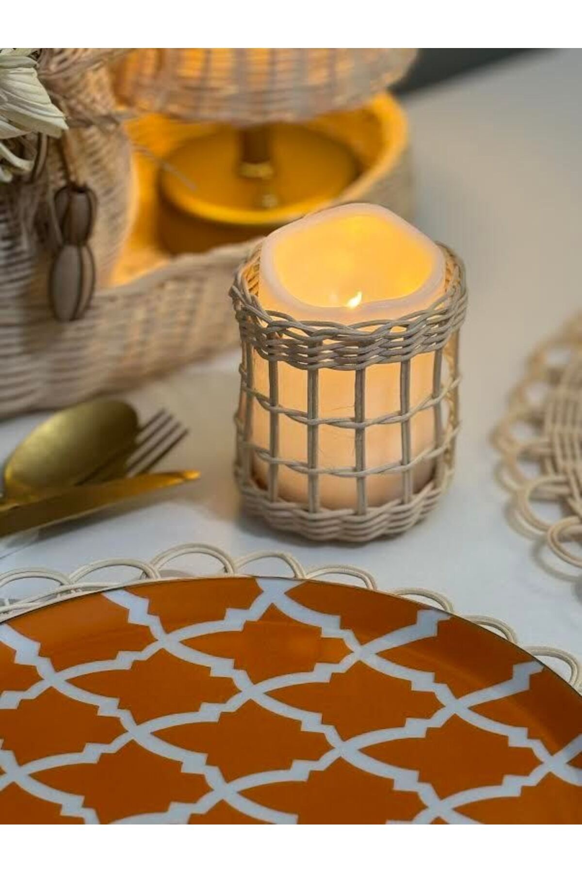 Tealight Led Sütun Rattan Mum Pilli Handmade