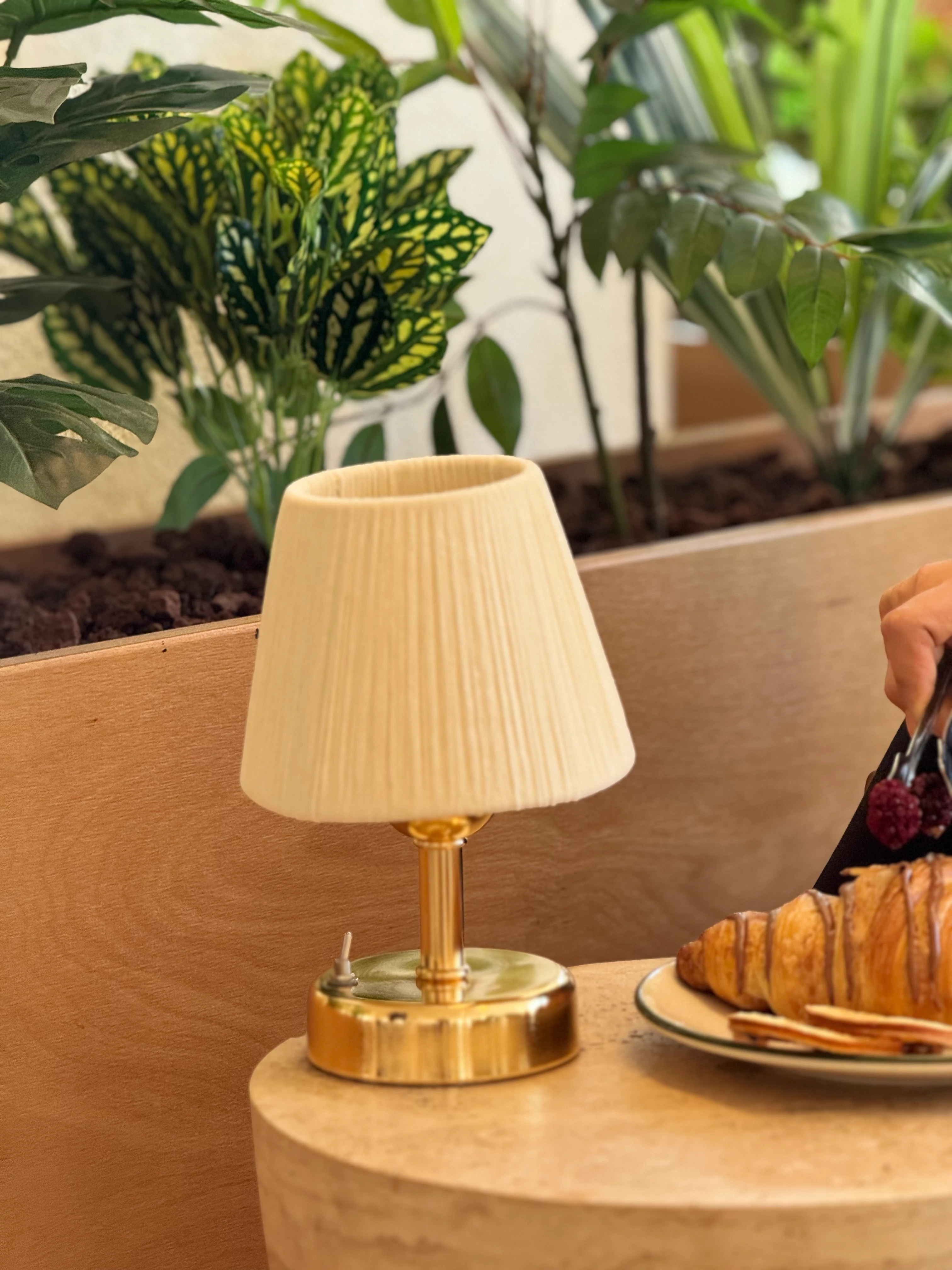 Krem Kadife Süet Kablosuz Pilli Masa Lambası - Alt Parlak Gold