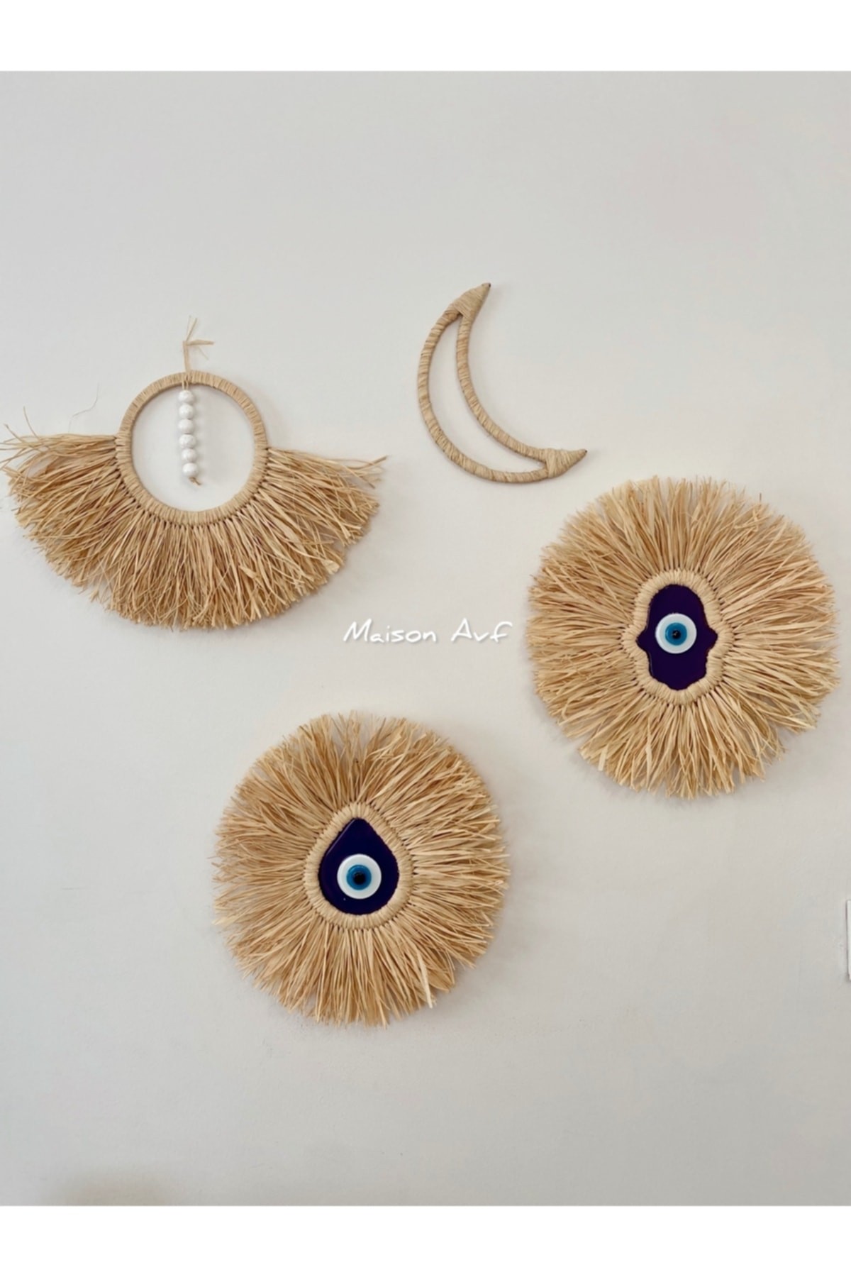 4'lü Set Rafya Tasarım Bohem Nazar Damla & Nazar El & Ay & Yelpaze Model