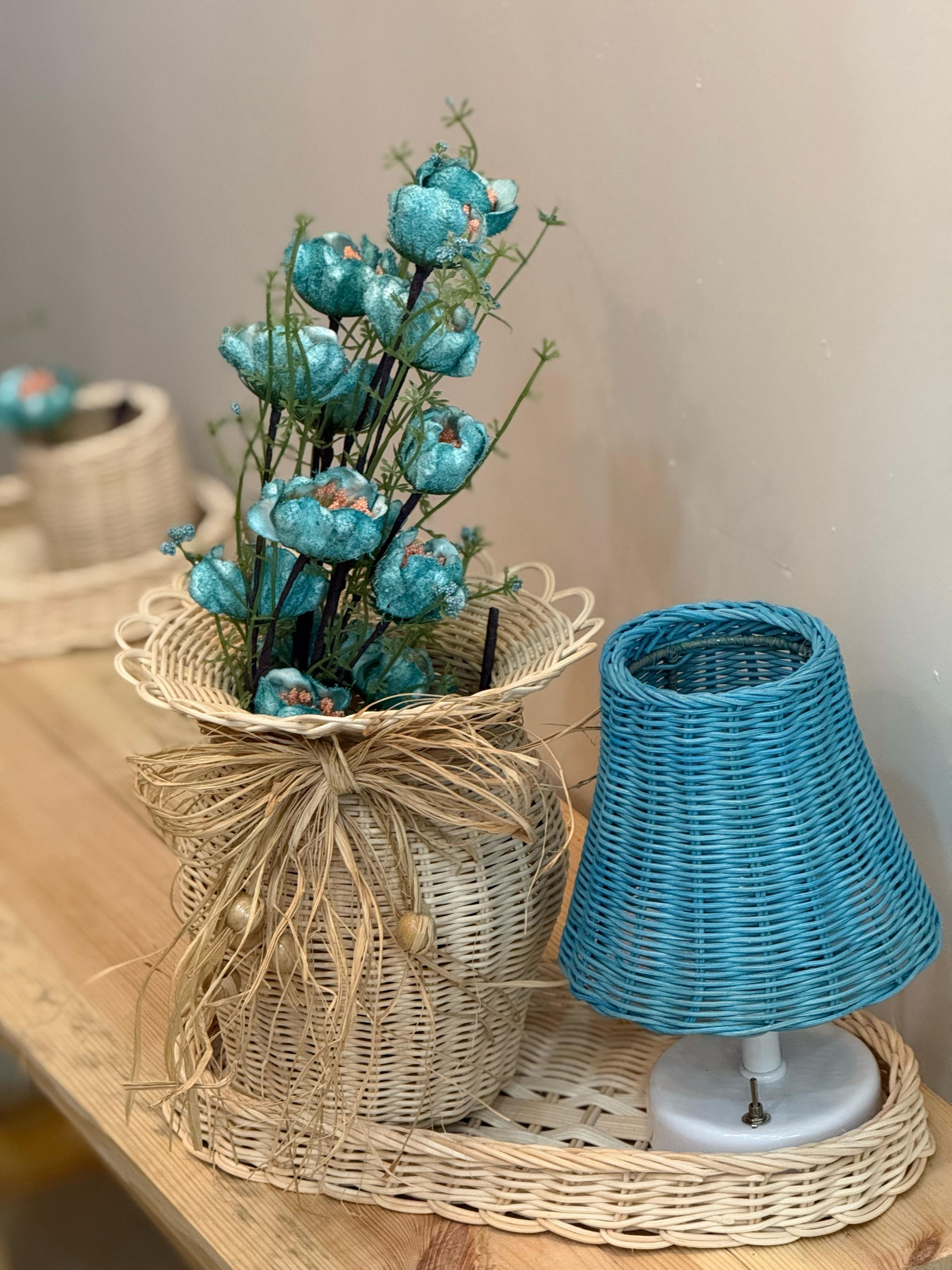 4'lü Rattan Mavi Gelincik Vazo Set