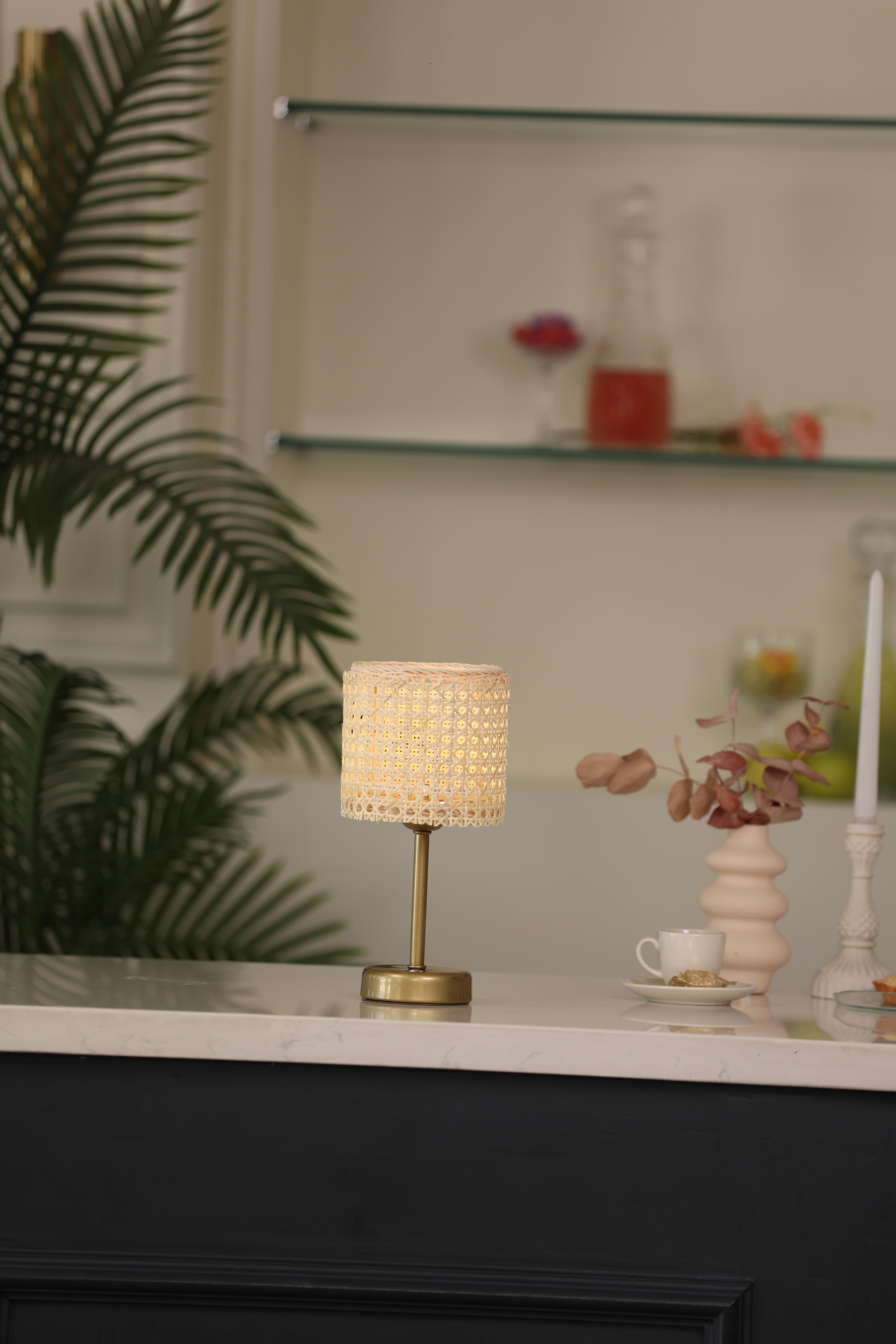 Hazeran & Rattan Masa Üstü Kablosuz Şarjlı Masa Lambası - Alt Uzun Eskitme Gold