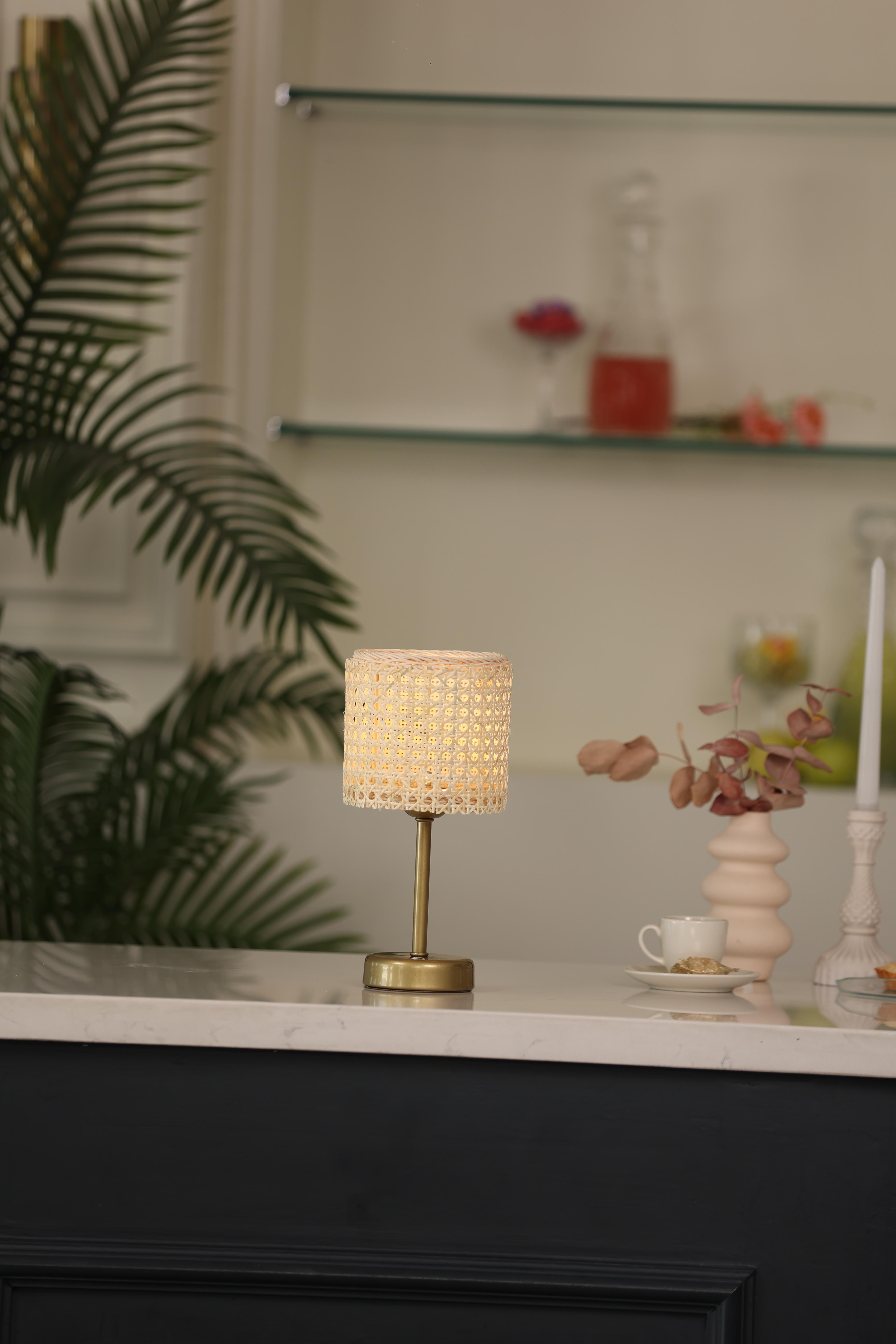 Hazeran & Rattan Masa Üstü Kablosuz Şarjlı Masa Lambası - Alt Uzun Eskitme Gold