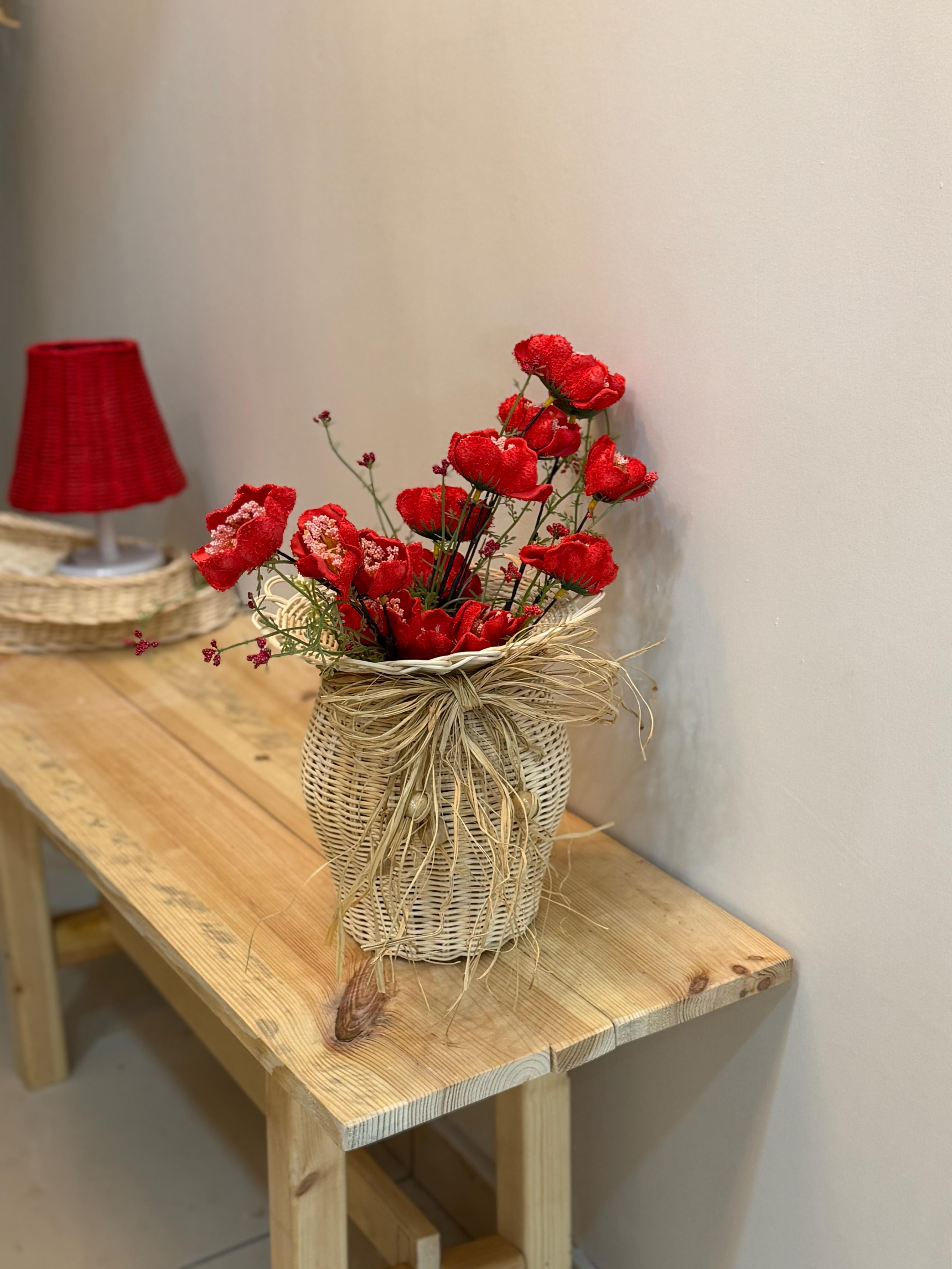 2'li Set Rattan El Yapımı Vazo & Kırmızı Gelincik 