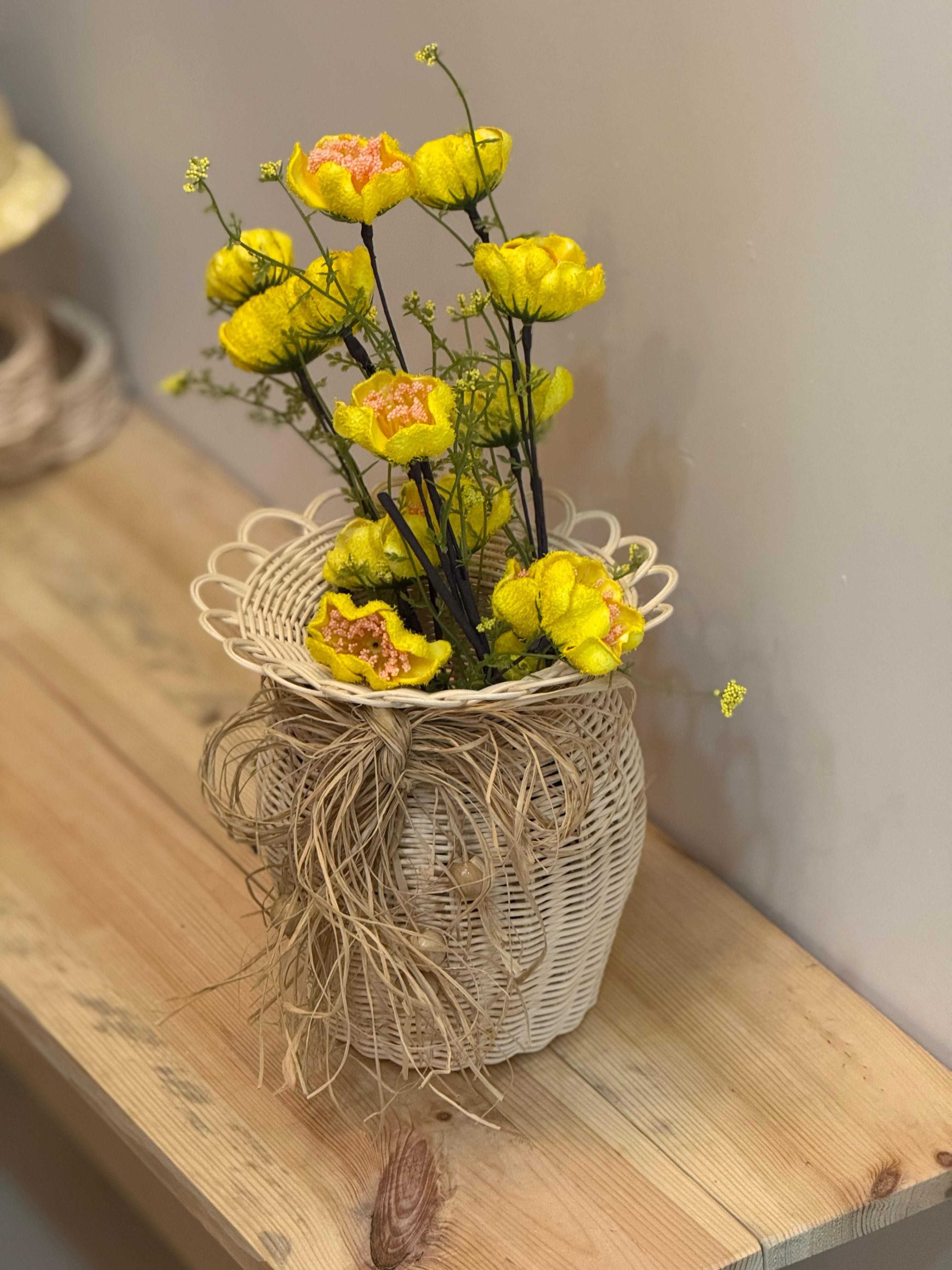 2'li Set Rattan El Yapımı Vazo & Sarı Gelincik