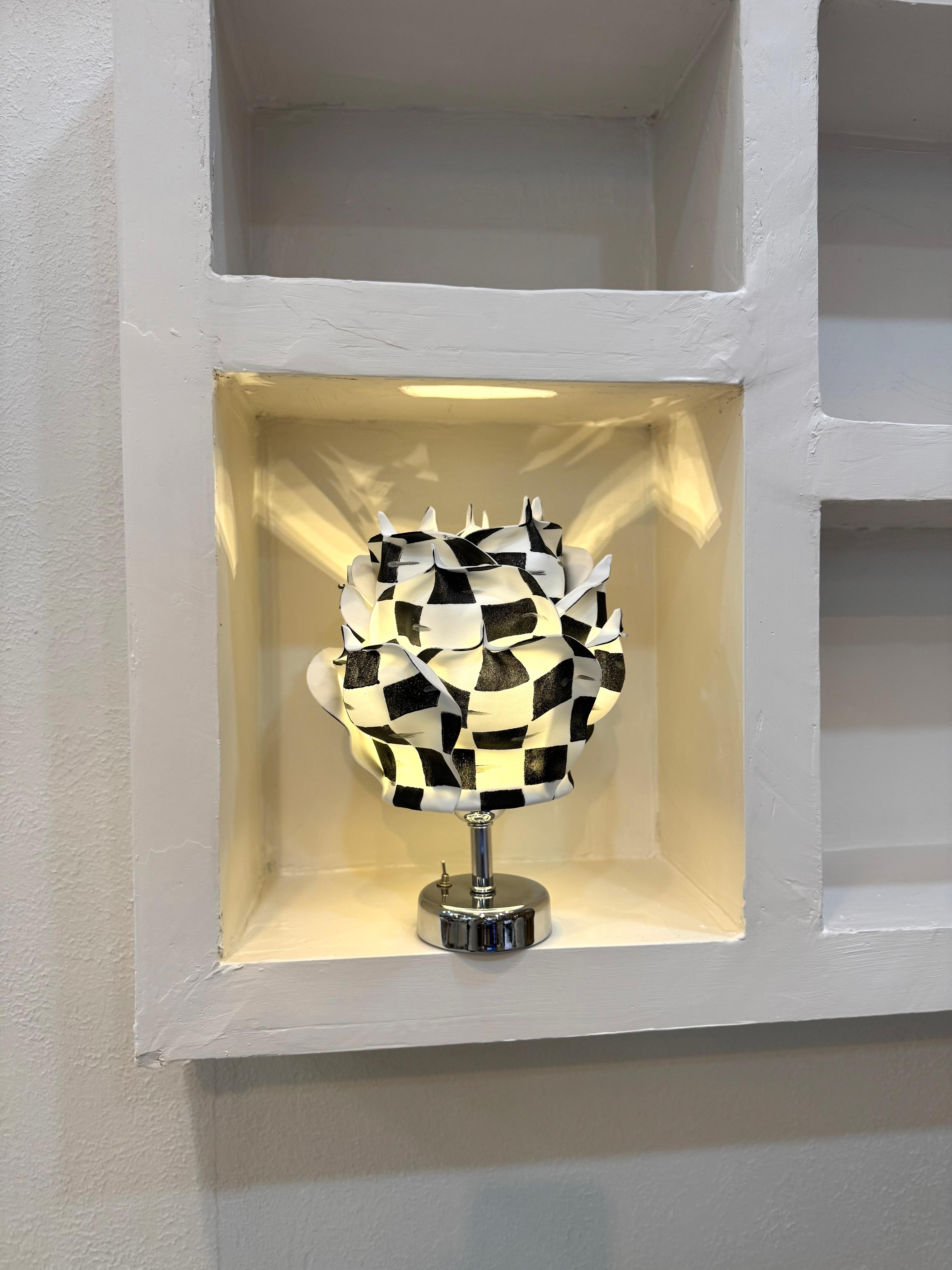 Decor Eva Rose Wireless Table Lamp Top Checkers Silver Pattern -Bottom Silver Detail