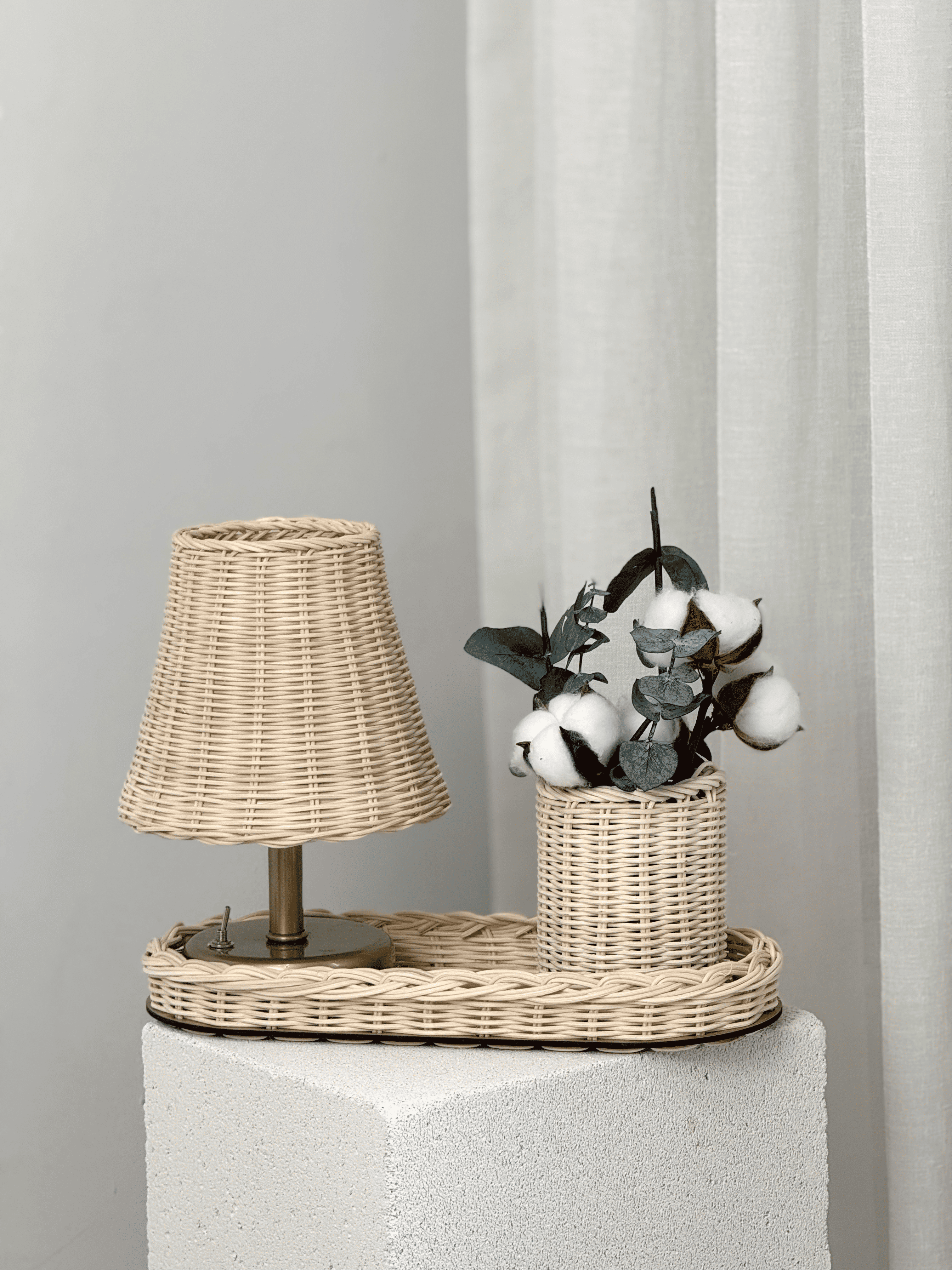 4'lü Rattan Set Kablosuz Masa Lambası - Eskitme Gold, Düzenleyici, Mini Vazo, Pamuk