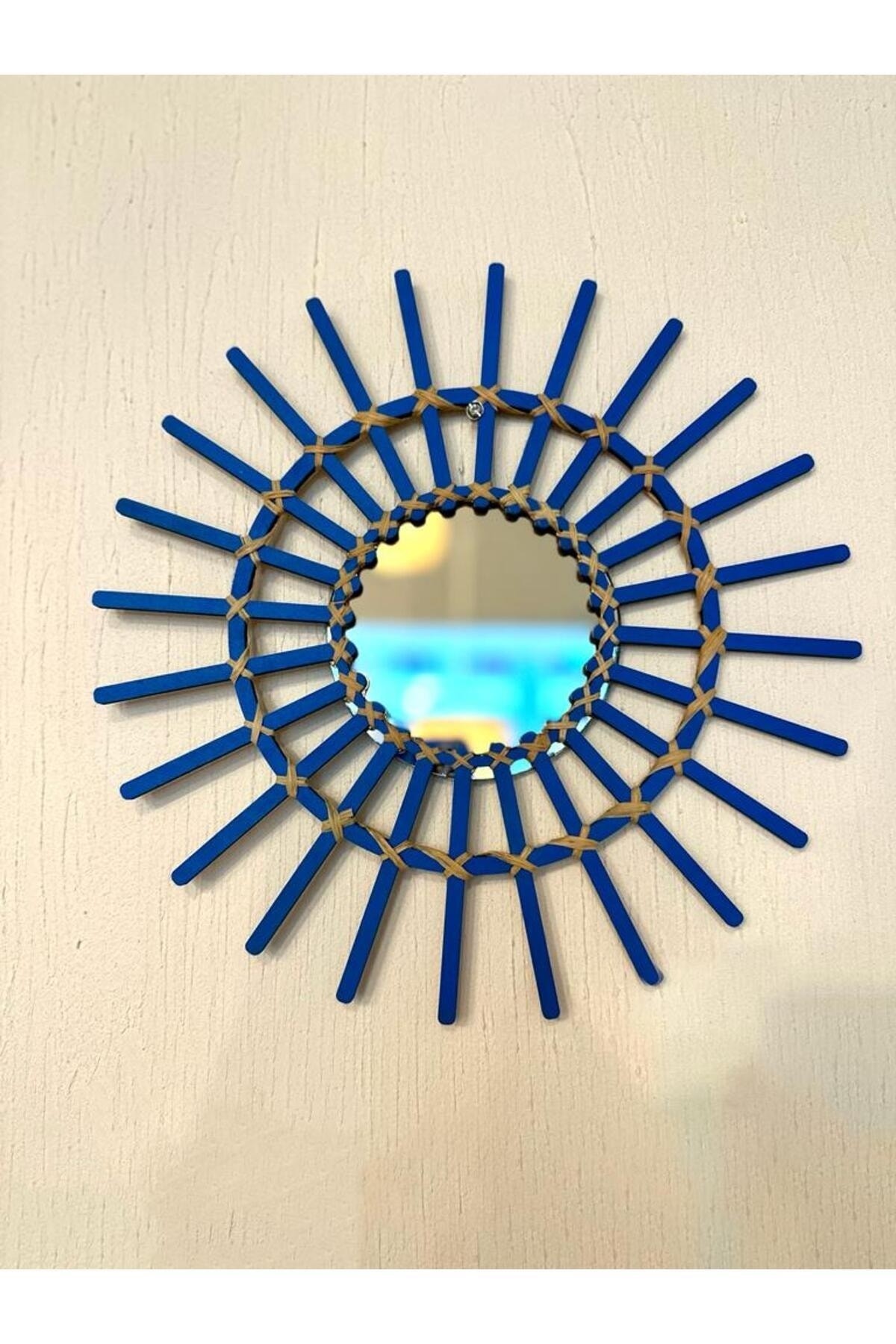 Alacati Blue Bamboo Rattan Wooden Stick Mirror