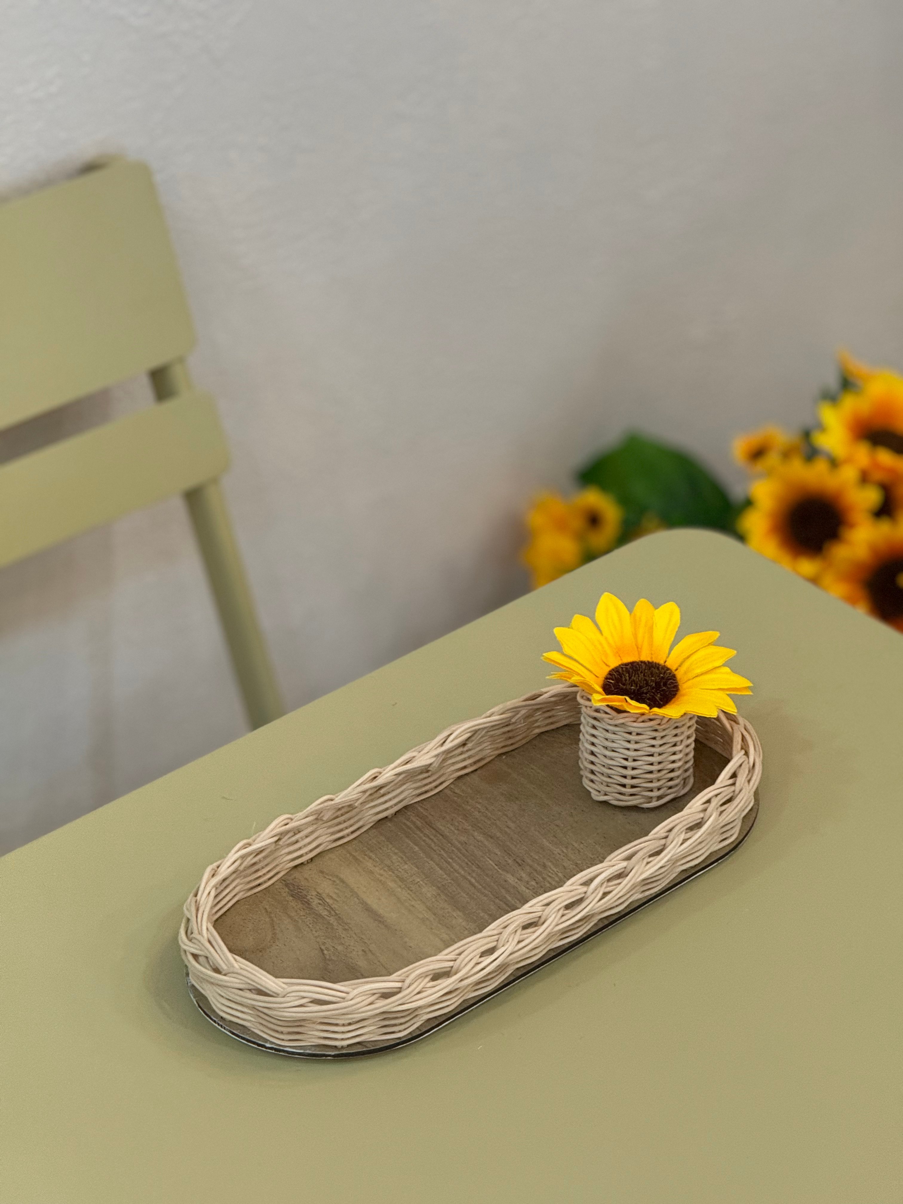2'li Rattan Düzenleyici Tepsi & Ayçiçeği Sunflower Sunum Seti Kahve Sunumluğu (ÇİÇEK DAHİLDİR)