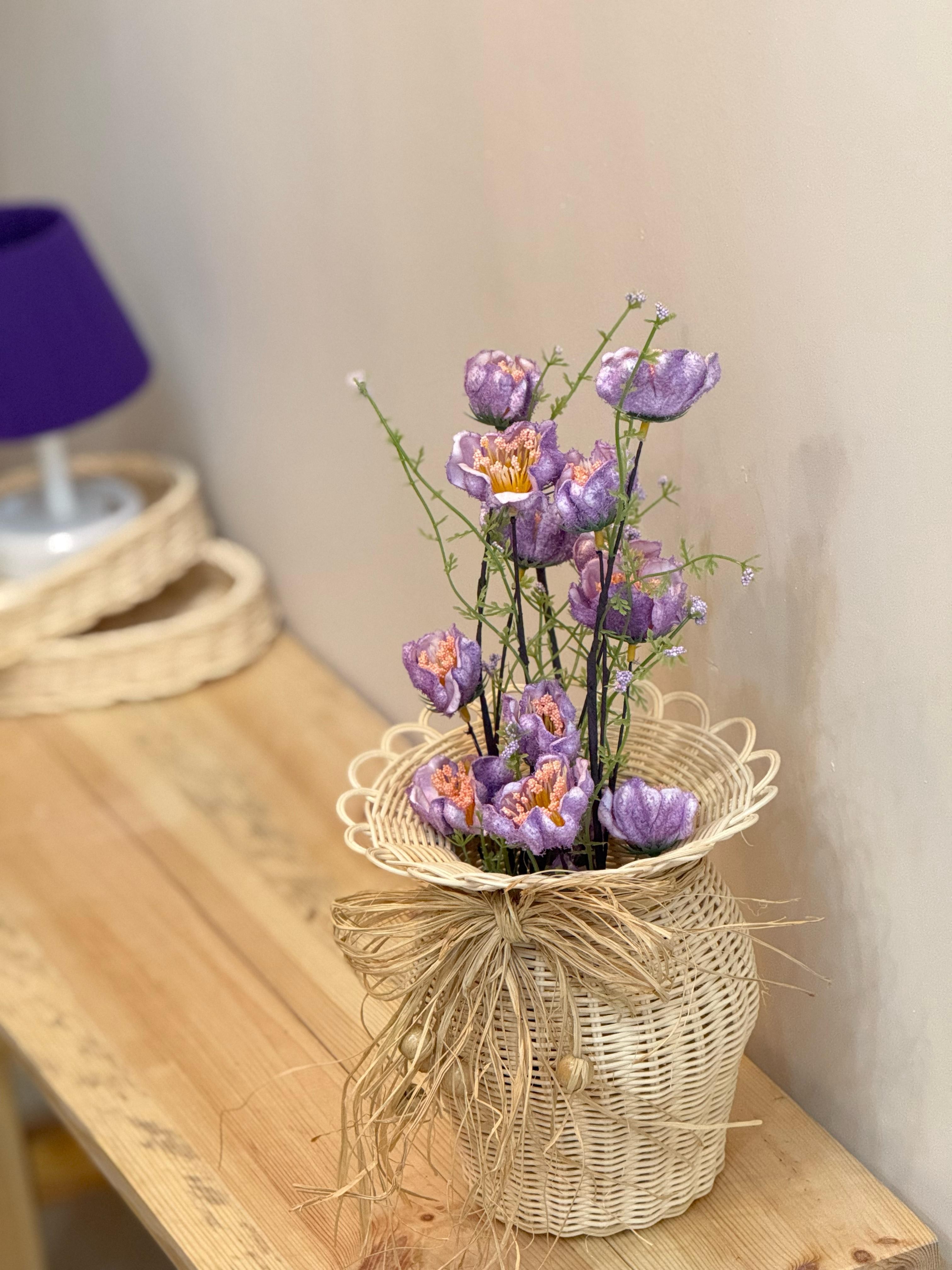 2'li Set Rattan El Yapımı Vazo & Mor Gelincik