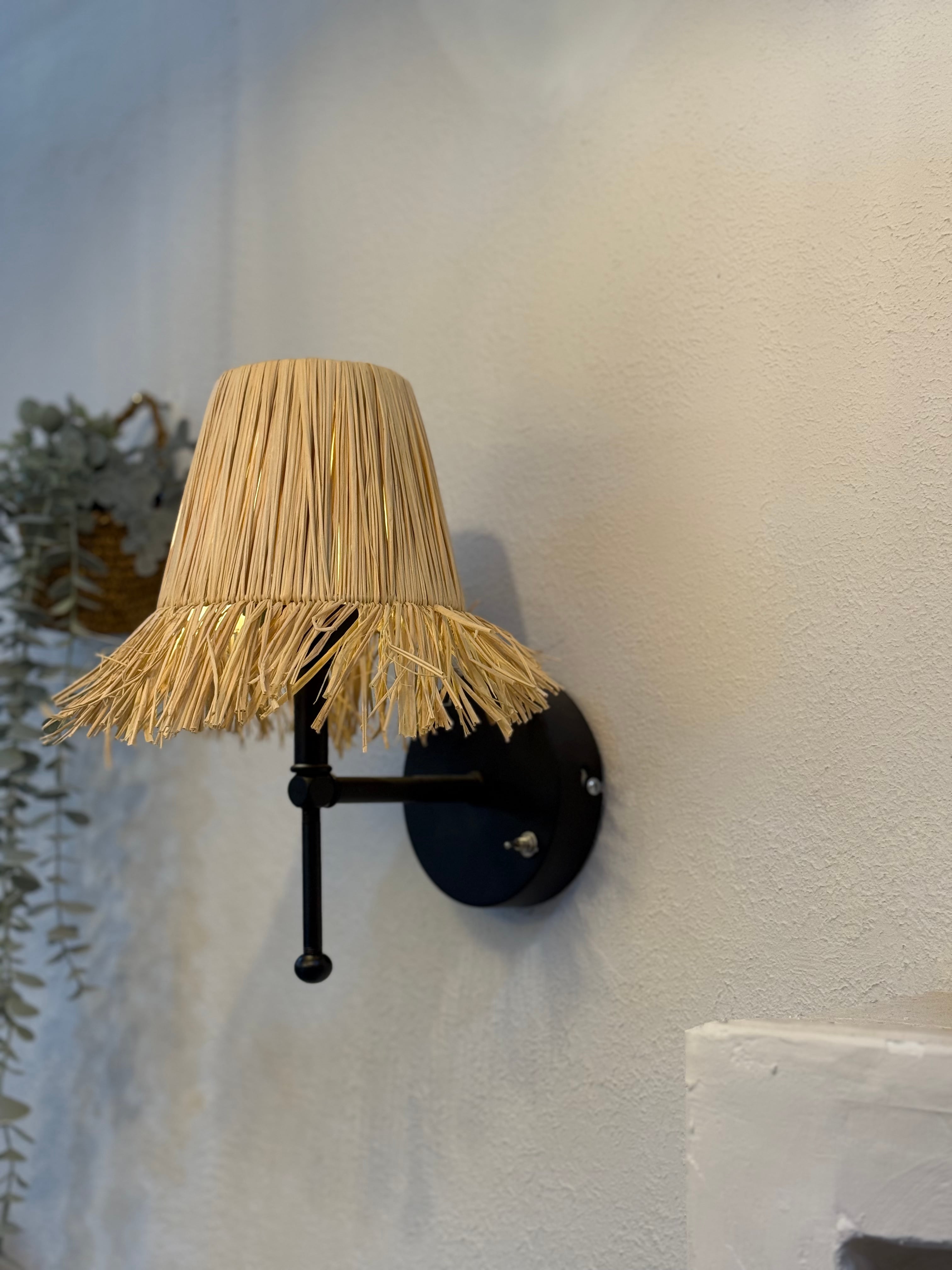 Bohemian Wicker Raffia Fringed Handmade Tumbled Gold Led Sconce