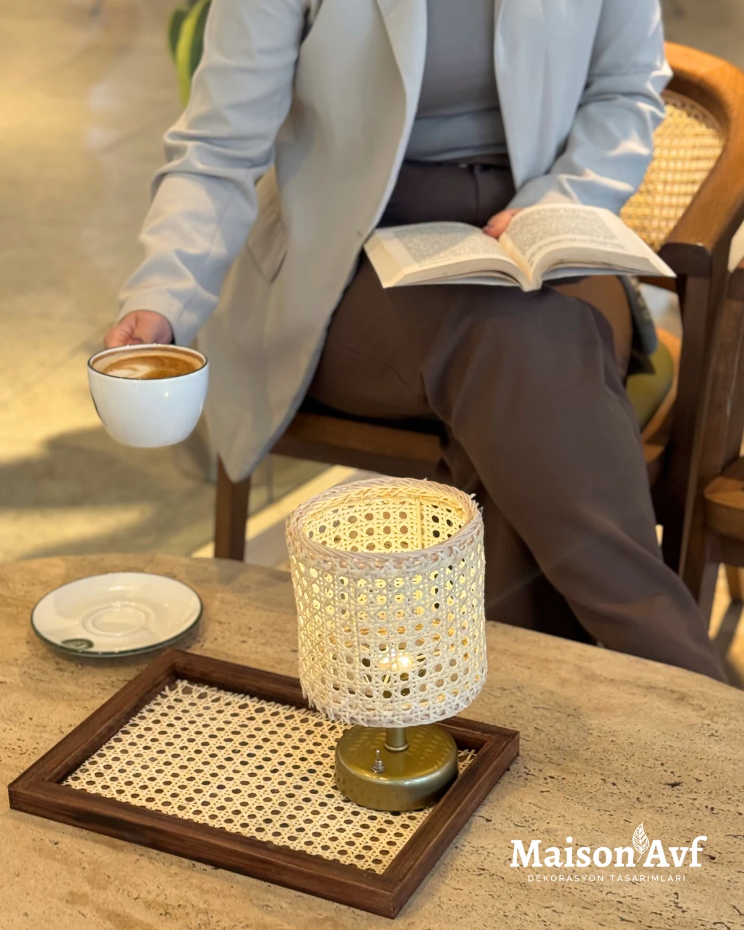 2'li Set Hazeran & Rattan Kablosuz Masa Lambası & Hazeran Tepsi Eskitme Dikdörtgen - Eskitme