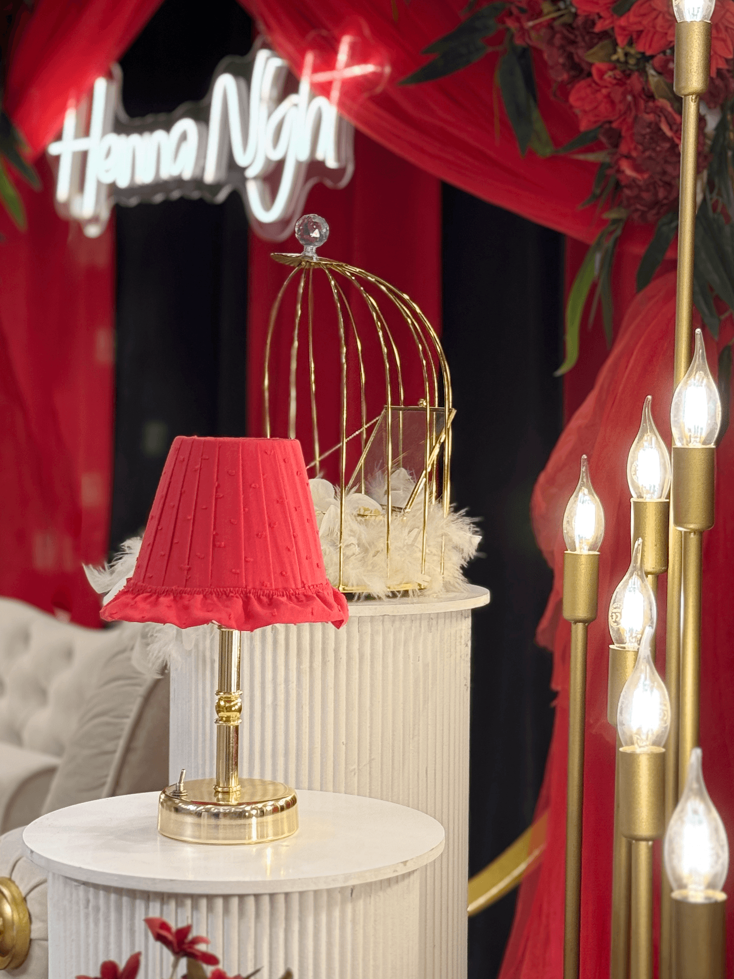 Kırmızı Desen Kumaş Kablosuz Pilli Masa Lambası - Alt Uzun Parlak Gold