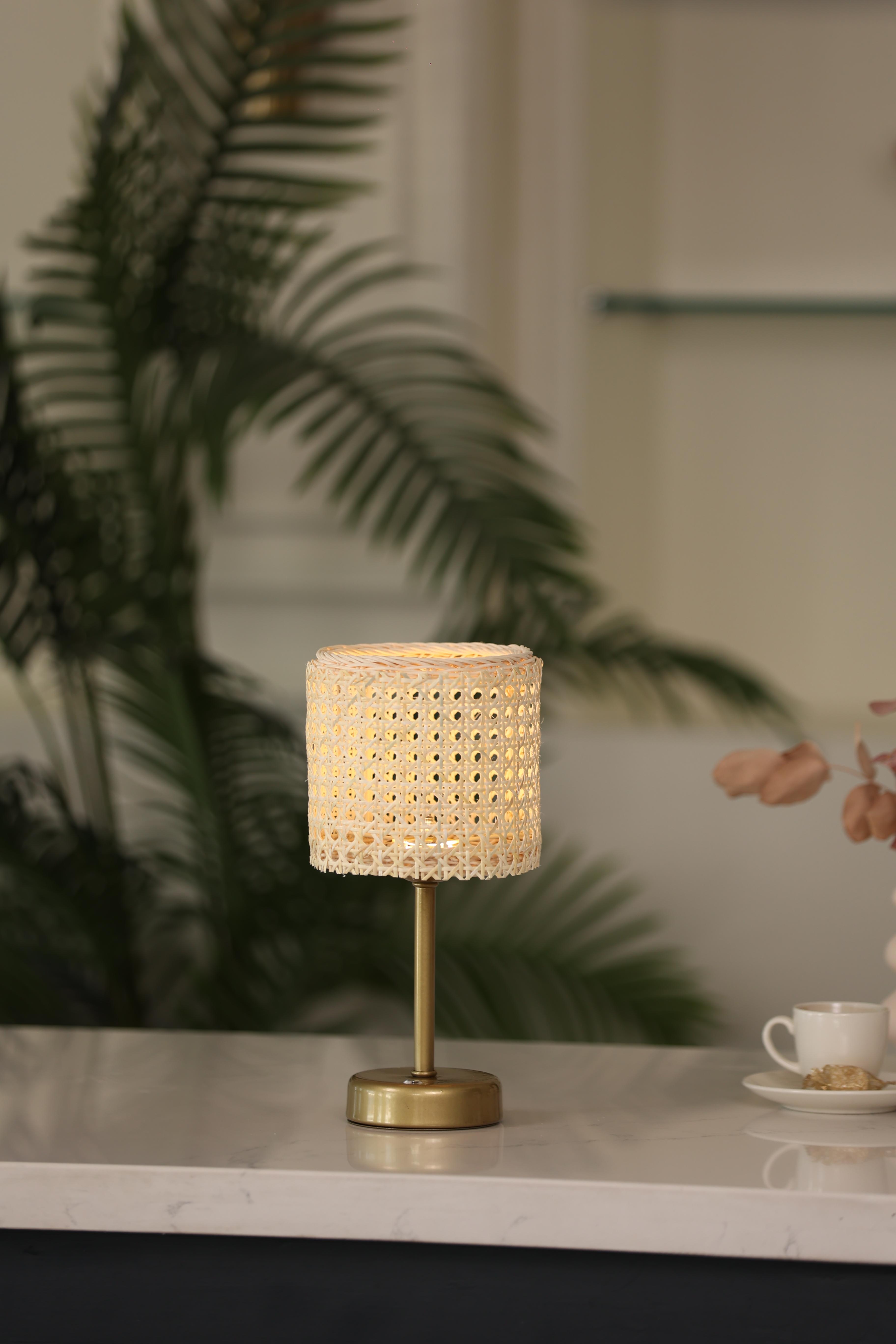 Hazeran & Rattan Masa Üstü Kablosuz Şarjlı Masa Lambası - Alt Uzun Eskitme Gold
