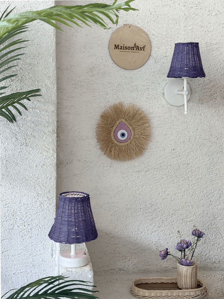 Mor Rattan & Bambu Masa Üstü Kablosuz Pilli Abajur Masa Lambası Alt Ayak Beyaz