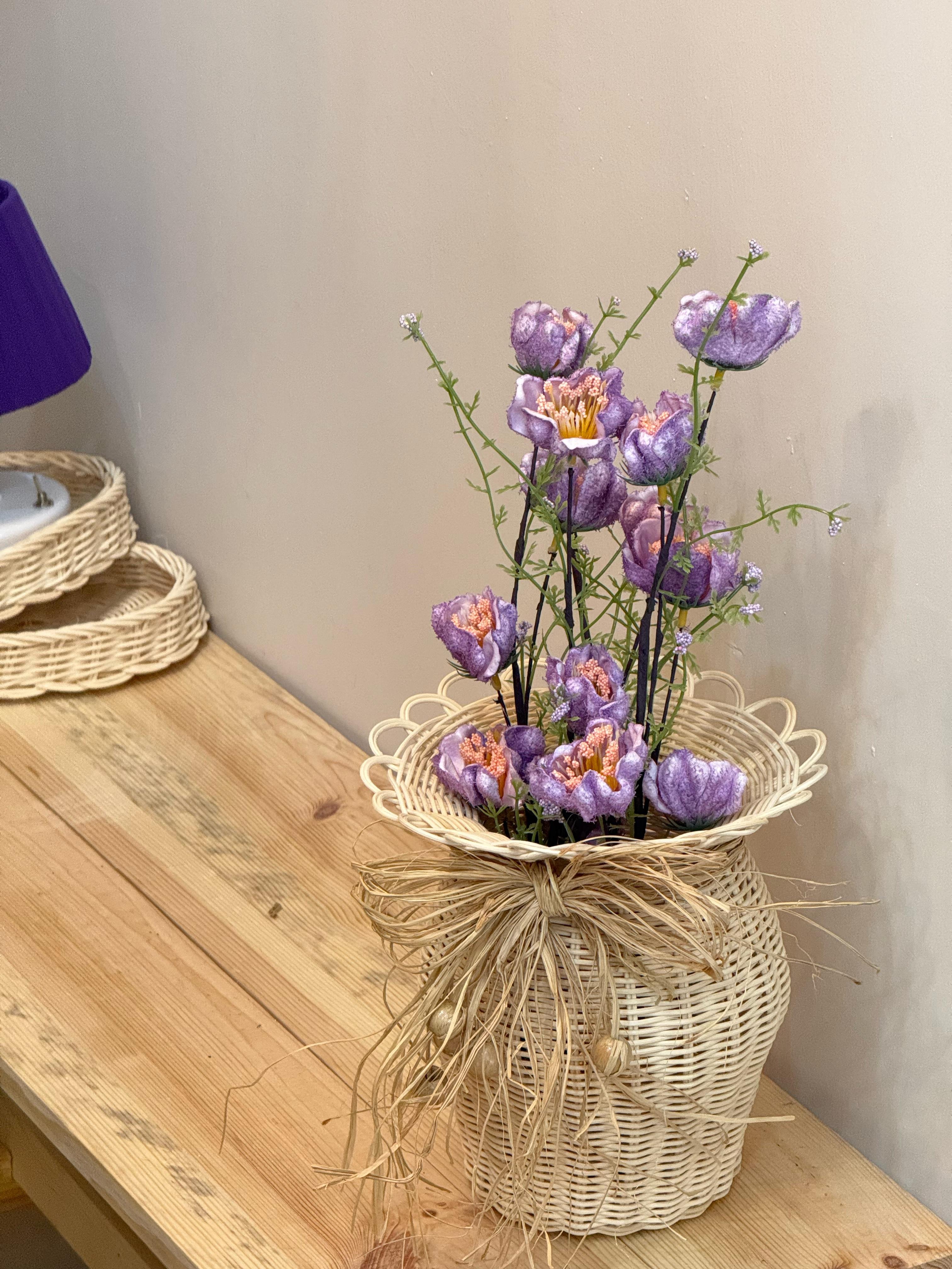 2'li Set Rattan El Yapımı Vazo & Mor Gelincik